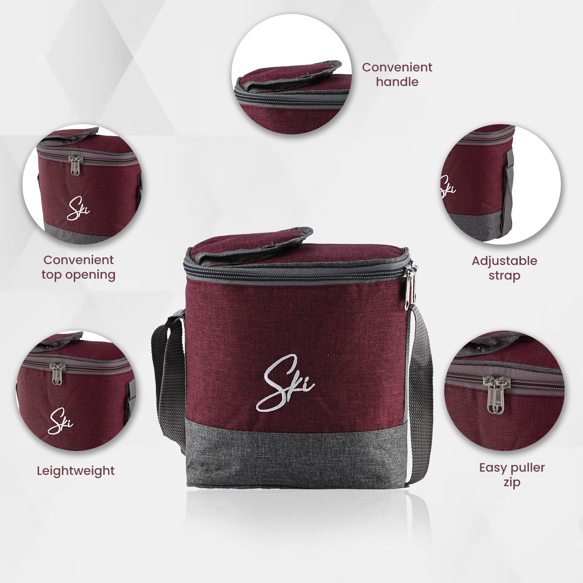 Kuber Industries Leak Proof Lunch Boxes for Office Men  Women with Bottle 600 ml  Flip Cover 3 Container 350 ml  PouchBag  Airtight Tiffen Box for School Kids  Grey  Red