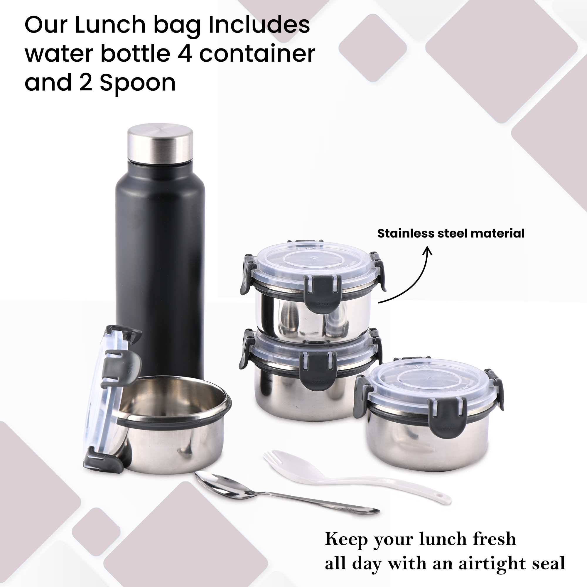 Kuber Industries Leak Proof Lunch Boxes for Office Men  Women with Bottle 750 ml 4 Container 350 ml  2 Spoons PouchBag  Airtight Tiffen Box for School Kids  Grey  Red