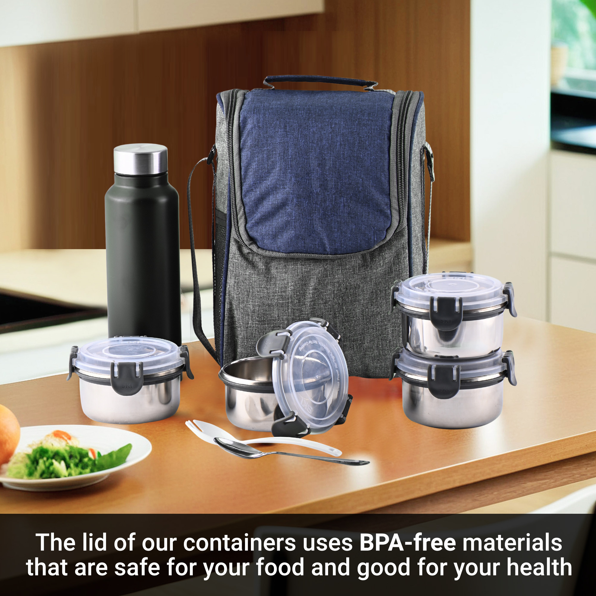 Kuber Industries Leakproof  BPA Free Lunch Boxes for Office Men  Women  Compact Tiffin Bags with Bottle  4 Spill-Proof Containers  Grey  Blue