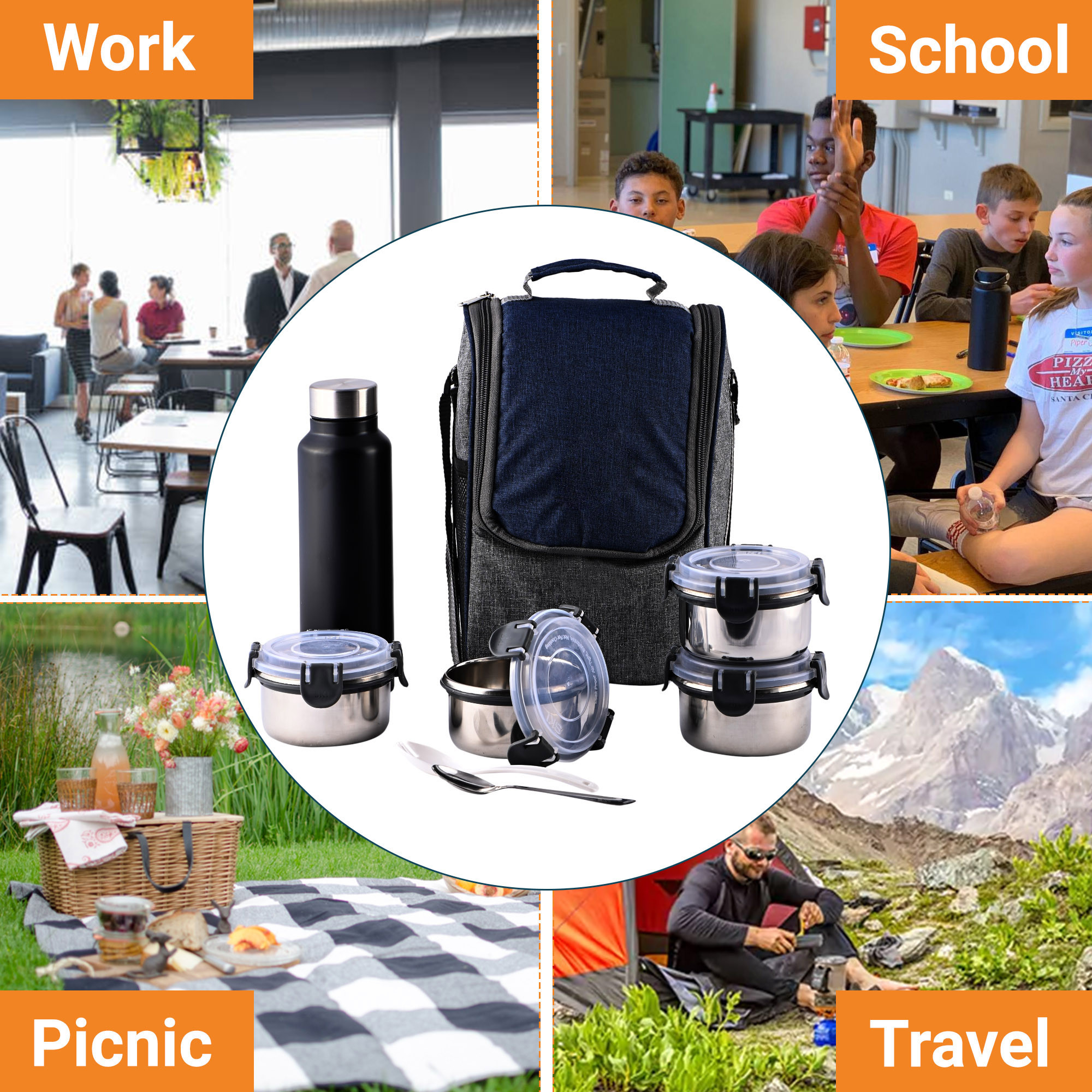 Kuber Industries Leakproof  BPA Free Lunch Boxes for Office Men  Women  Compact Tiffin Bags with Bottle  4 Spill-Proof Containers  Grey  Blue