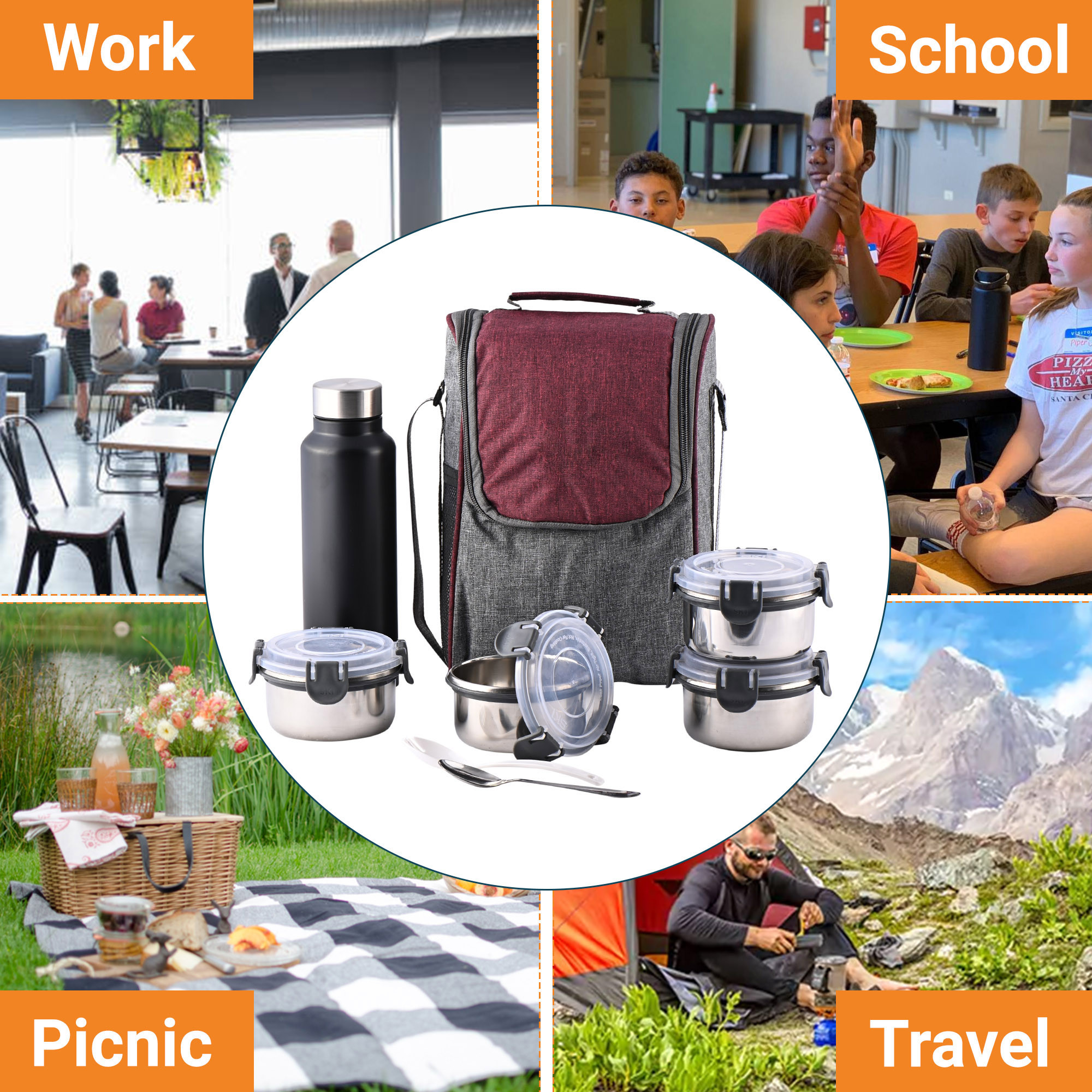 Kuber Industries Leakproof  BPA Free Lunch Boxes for Office Men  Women  Compact Tiffin Bags with Bottle  4 Spill-Proof Containers  Grey  Red