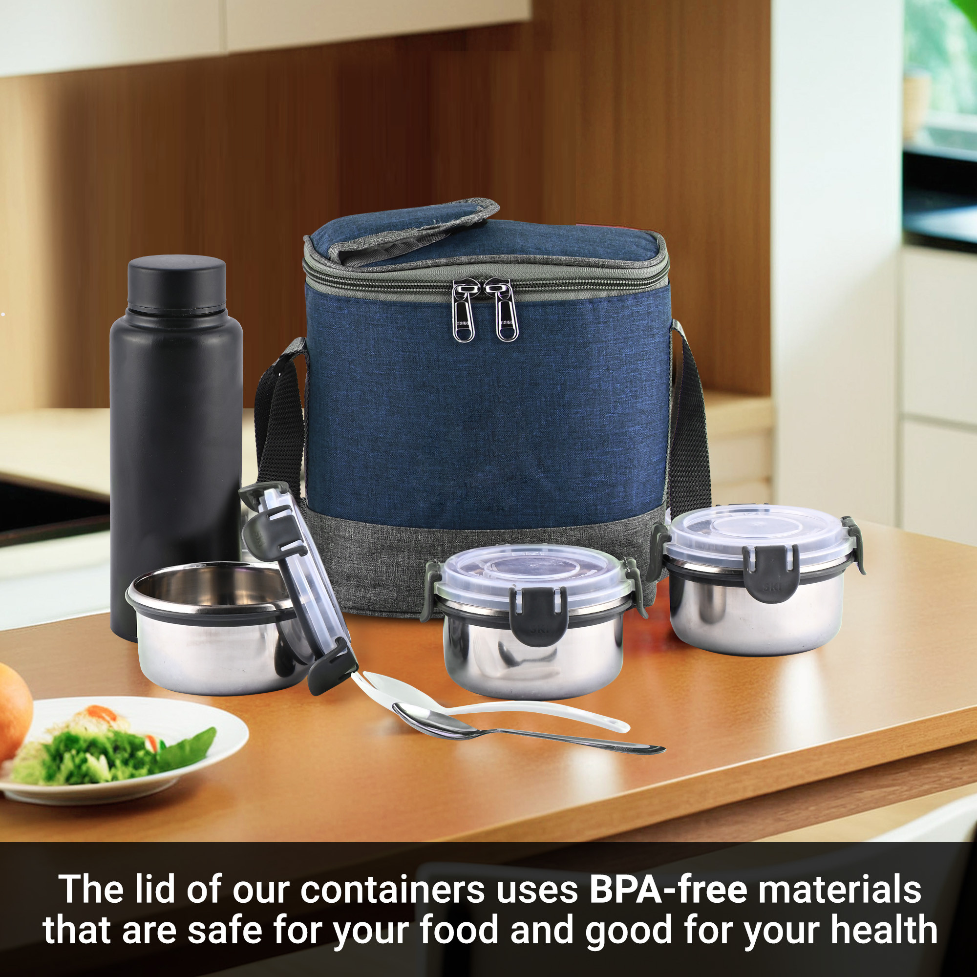 Kuber Industries Leakproof  BPA Free Lunch Boxes for Office Men  Women  Compact Tiffin Bags with Bottle  3 Spill-Proof Containers  Grey  Blue