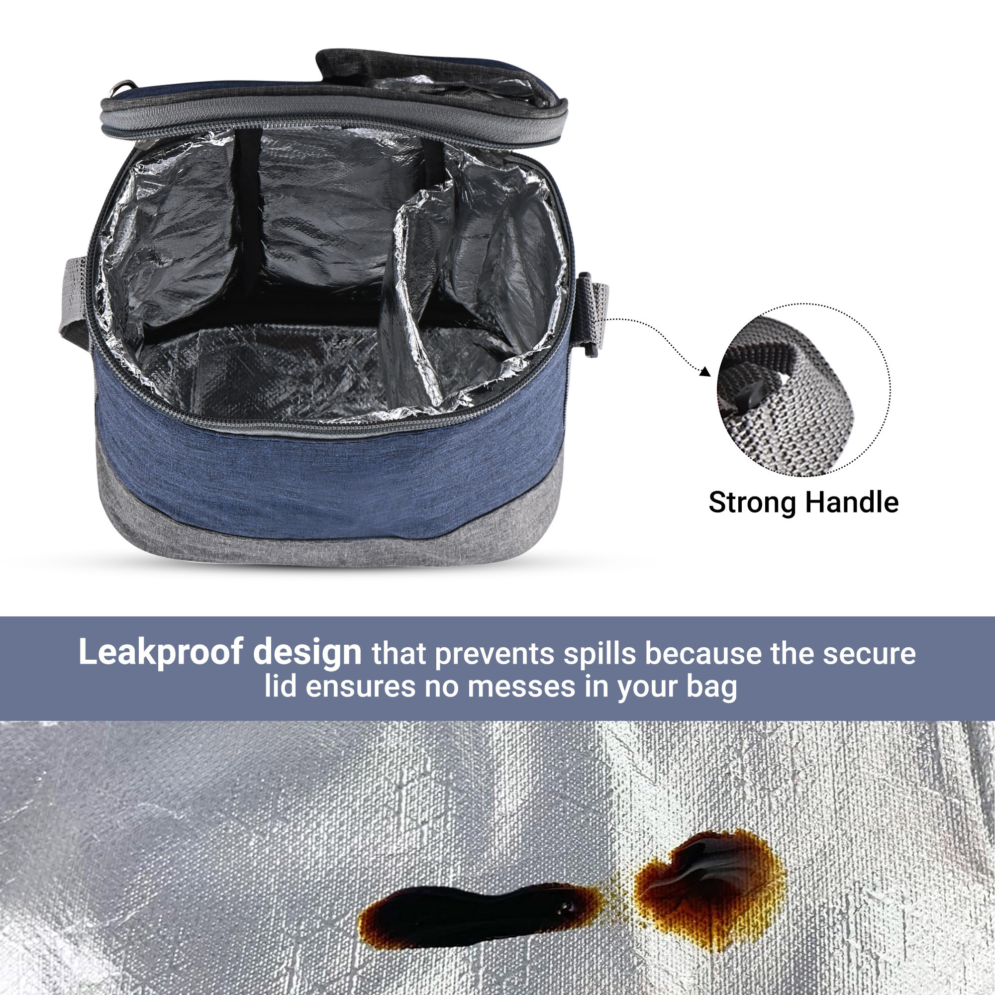 Kuber Industries Leakproof  BPA Free Lunch Boxes for Office Men  Women  Compact Tiffin Bags with Bottle  3 Spill-Proof Containers  Grey  Blue