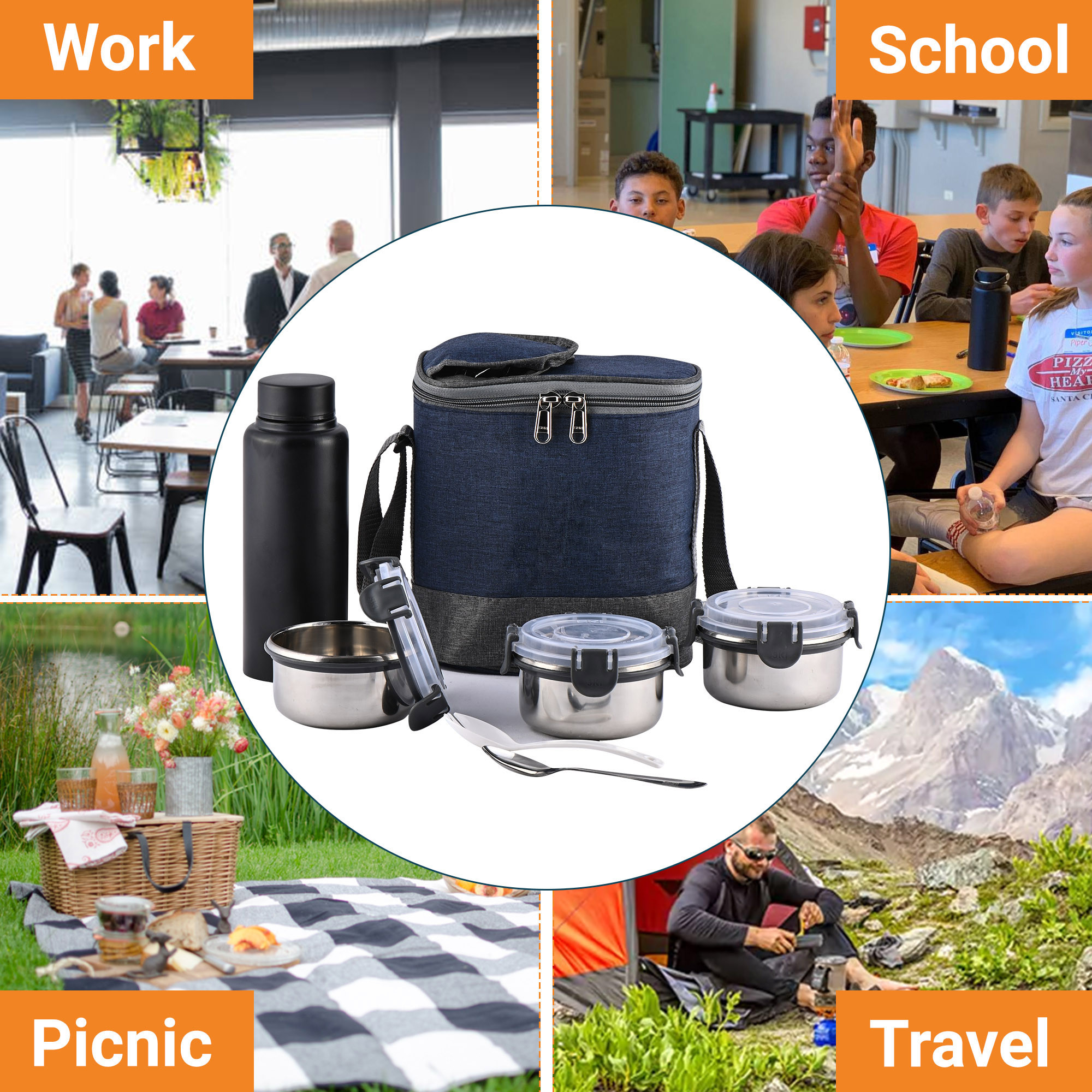 Kuber Industries Leakproof  BPA Free Lunch Boxes for Office Men  Women  Compact Tiffin Bags with Bottle  3 Spill-Proof Containers  Grey  Blue