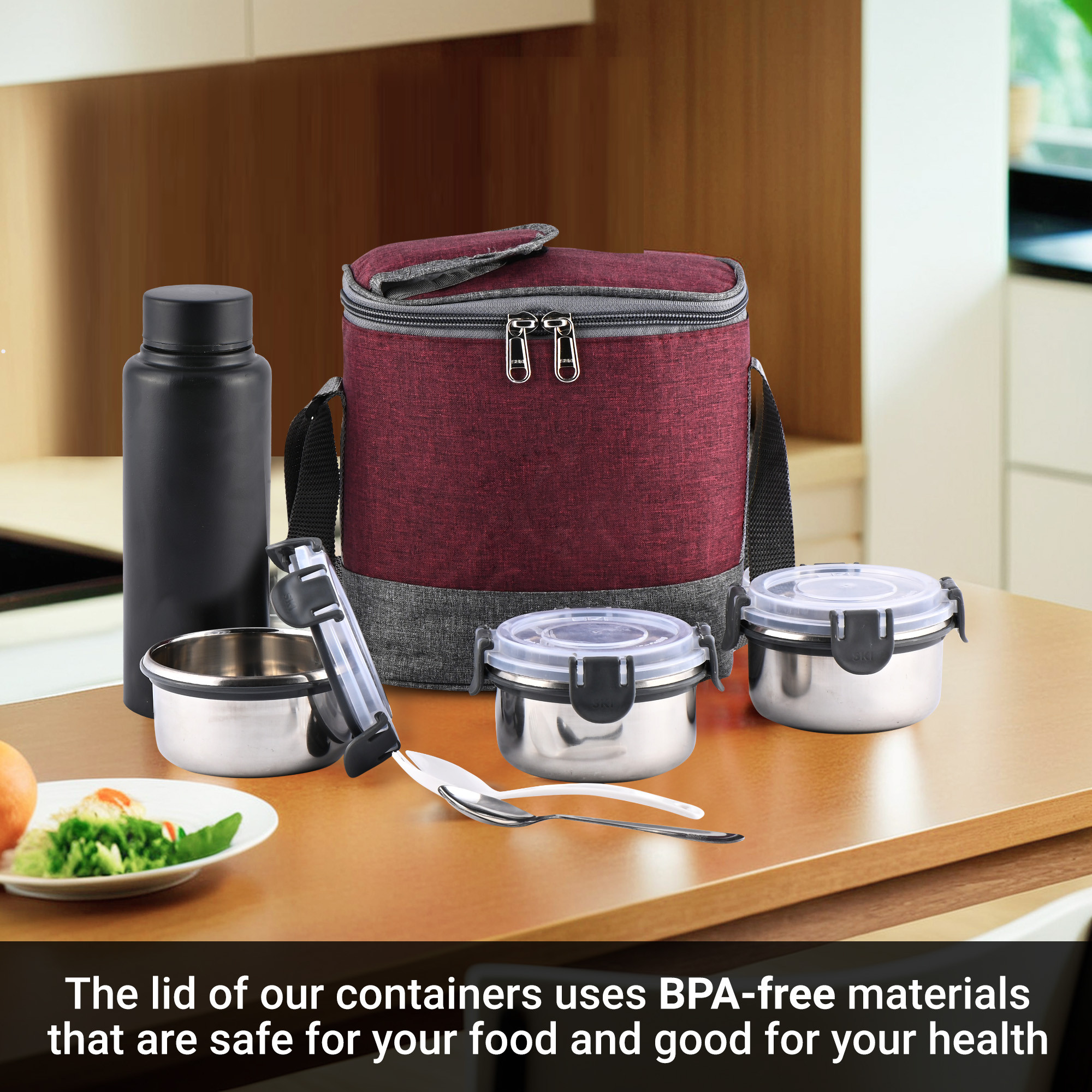 Kuber Industries Leakproof  BPA Free Lunch Boxes for Office Men  Women  Compact Tiffin Bags with Bottle  3 Spill-Proof Containers  Grey  Red