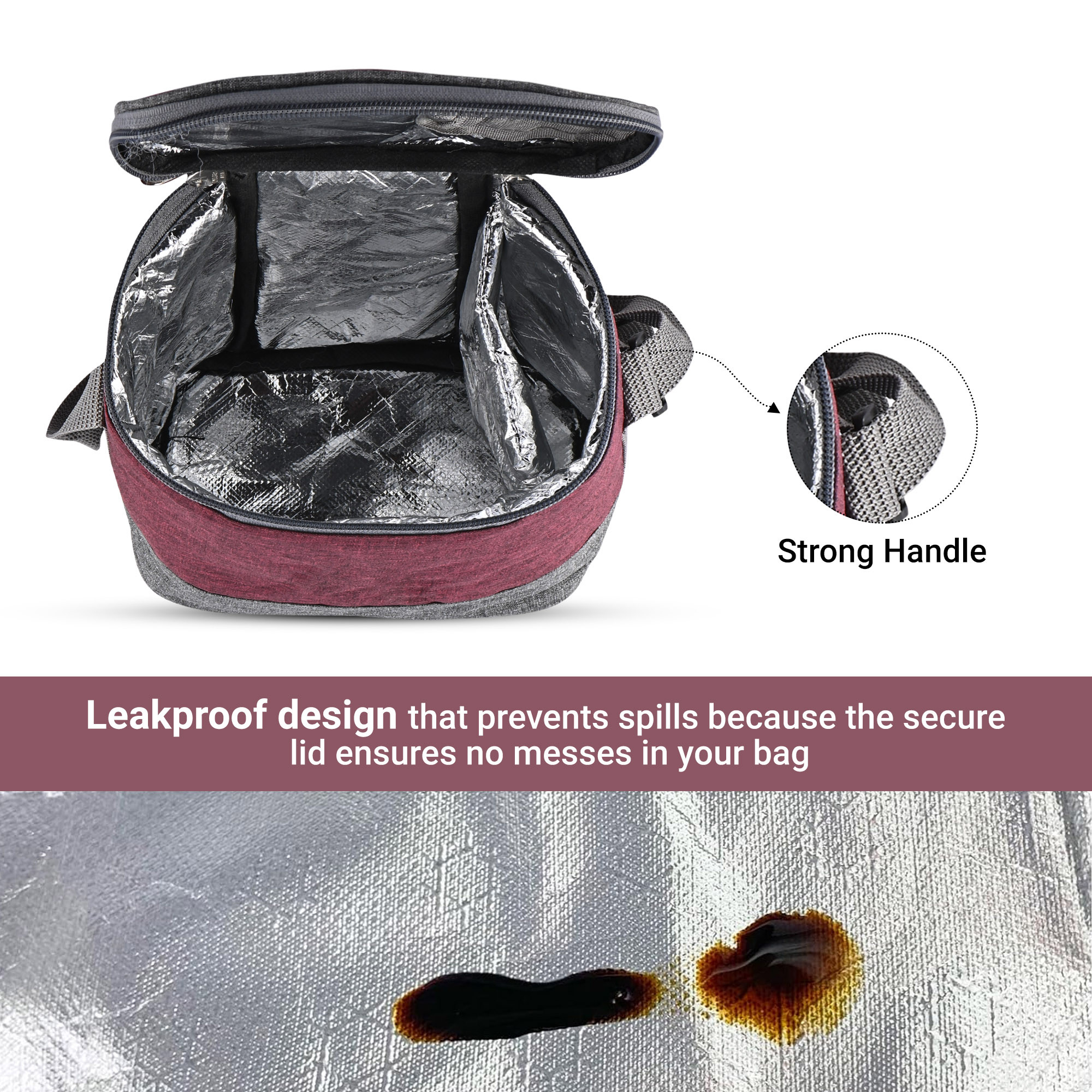 Kuber Industries Leakproof  BPA Free Lunch Boxes for Office Men  Women  Compact Tiffin Bags with Bottle  3 Spill-Proof Containers  Grey  Red