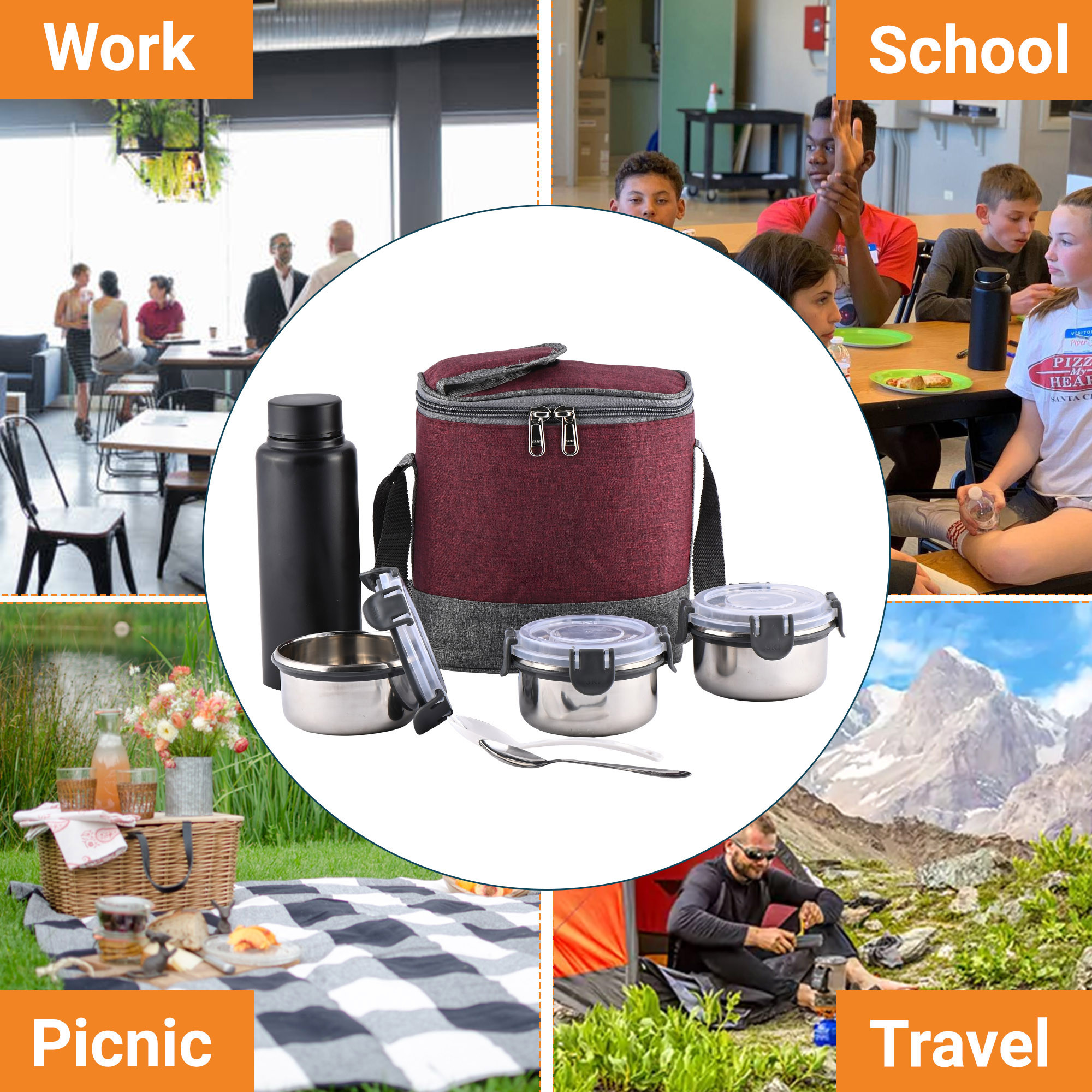 Kuber Industries Leakproof  BPA Free Lunch Boxes for Office Men  Women  Compact Tiffin Bags with Bottle  3 Spill-Proof Containers  Grey  Red