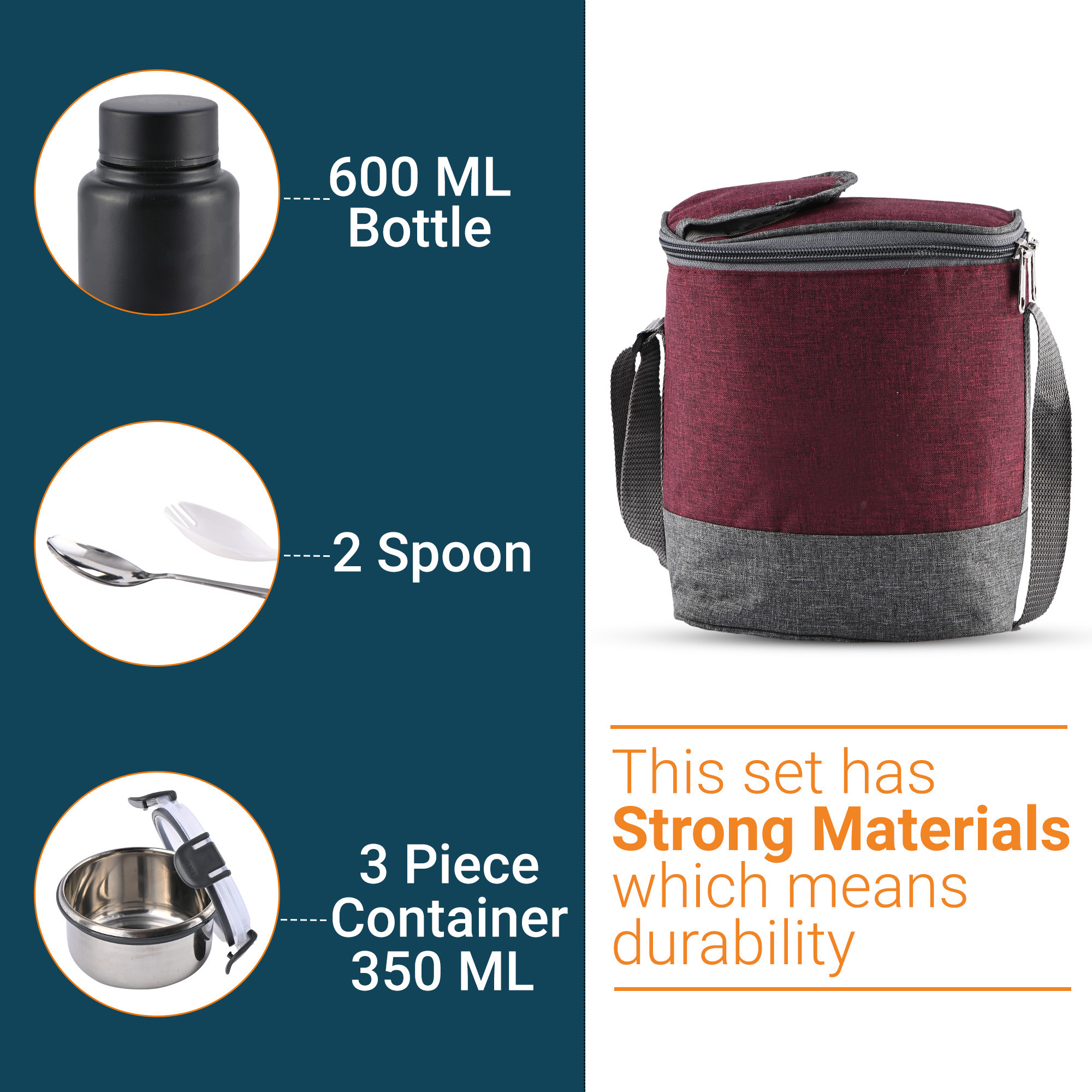 Kuber Industries Leakproof  BPA Free Lunch Boxes for Office Men  Women  Compact Tiffin Bags with Bottle  3 Spill-Proof Containers  Grey  Red