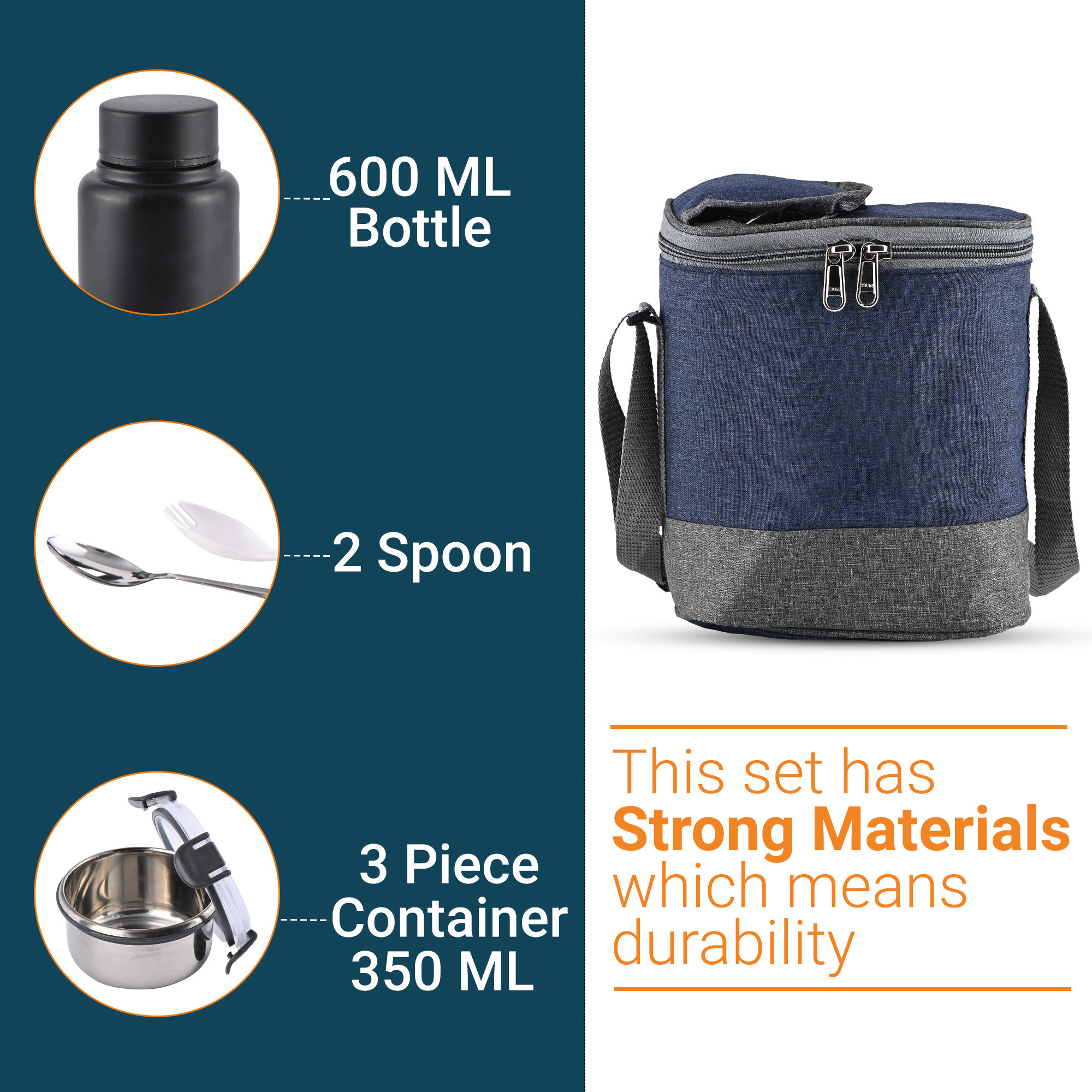 Kuber Industries Leakproof  BPA Free Lunch Boxes for Office Men  Women  Compact Tiffin Bags with Bottle  3 Spill-Proof Containers  Grey  Blue