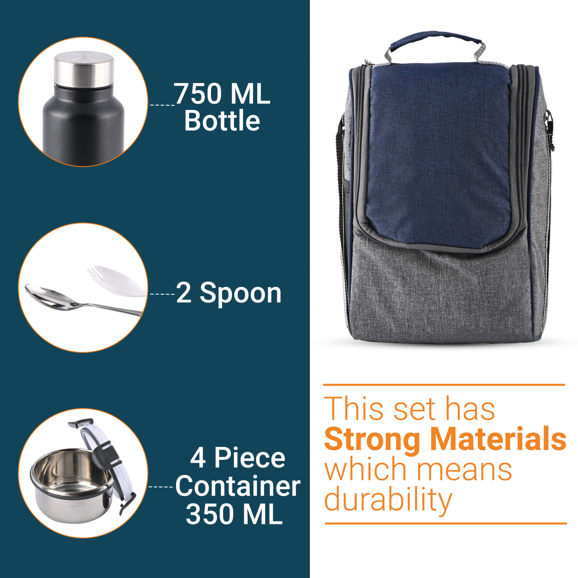 Kuber Industries Leakproof  BPA Free Lunch Boxes for Office Men  Women  Compact Tiffin Bags with Bottle  4 Spill-Proof Containers  Grey  Blue
