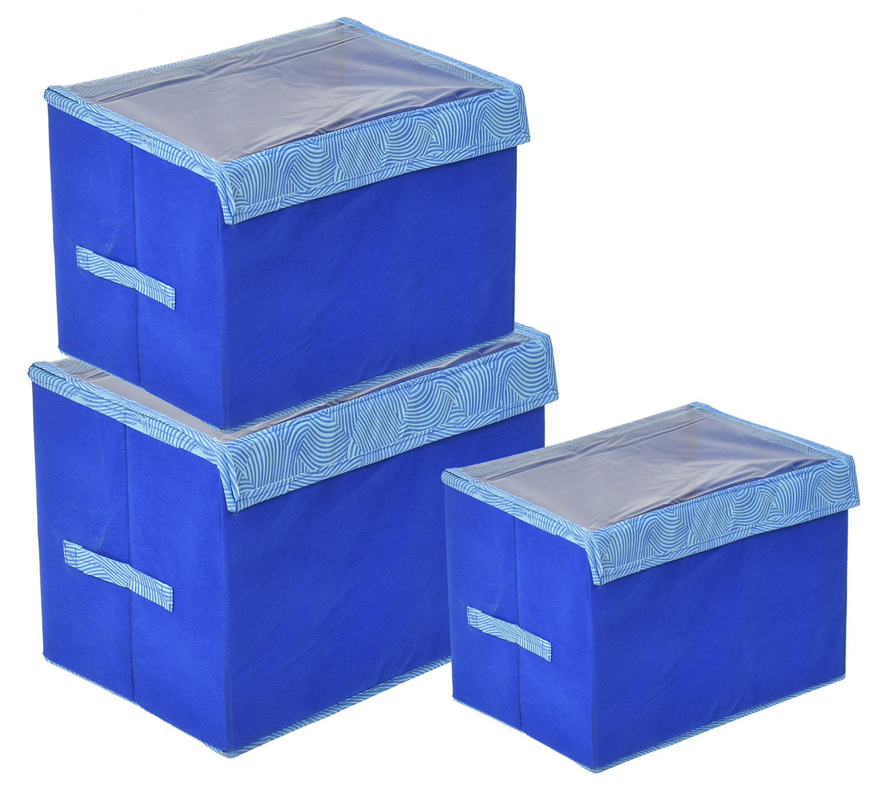Kuber Industries Lehariya Printed Multiuses 3 Different Sizes Non-Woven Storage Box/Organizer With Tranasparent Lid- Set of 3 (Blue) -44KM0467