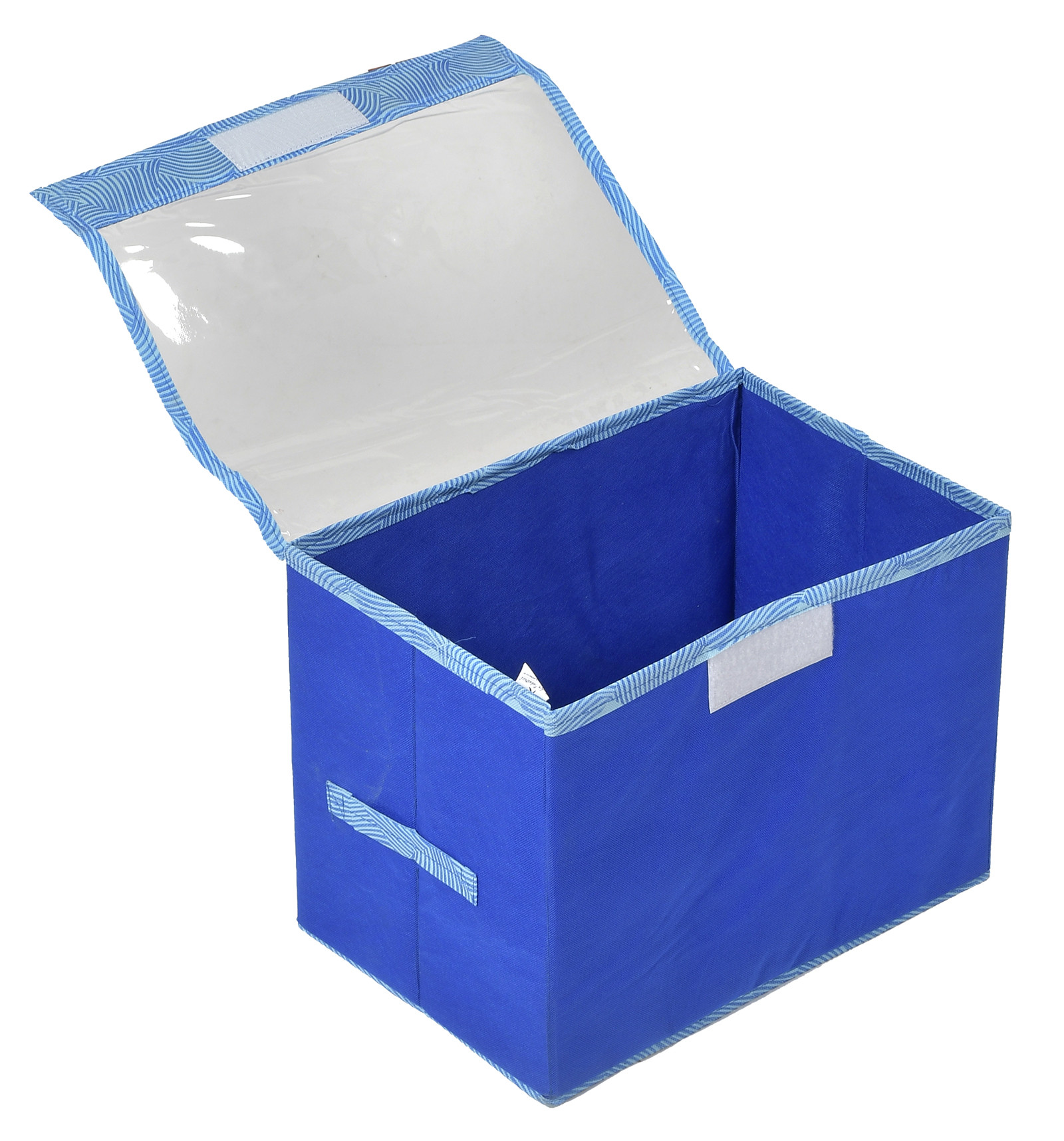 Kuber Industries Lehariya Printed Multiuses 3 Different Sizes Non-Woven Storage Box/Organizer With Tranasparent Lid- Set of 3 (Blue) -44KM0467