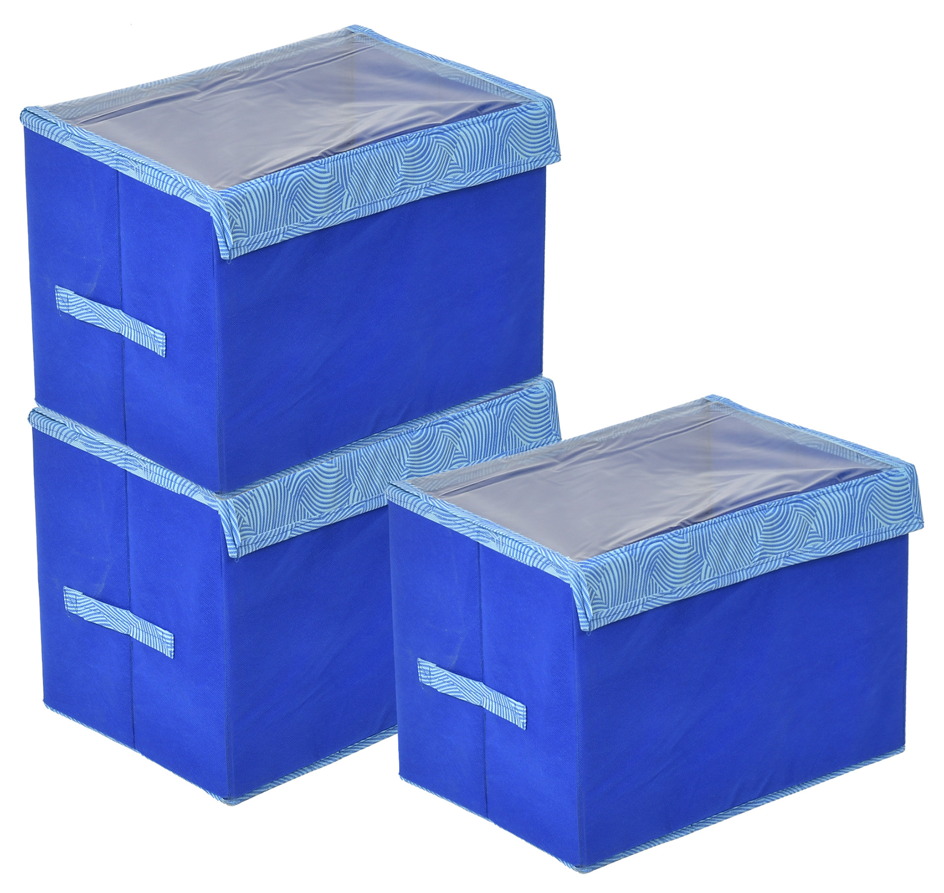 Kuber Industries Lehariya Printed Multiuses Large Non-Woven Storage Box/Organizer With Tranasparent Lid (Blue) -44KM0461