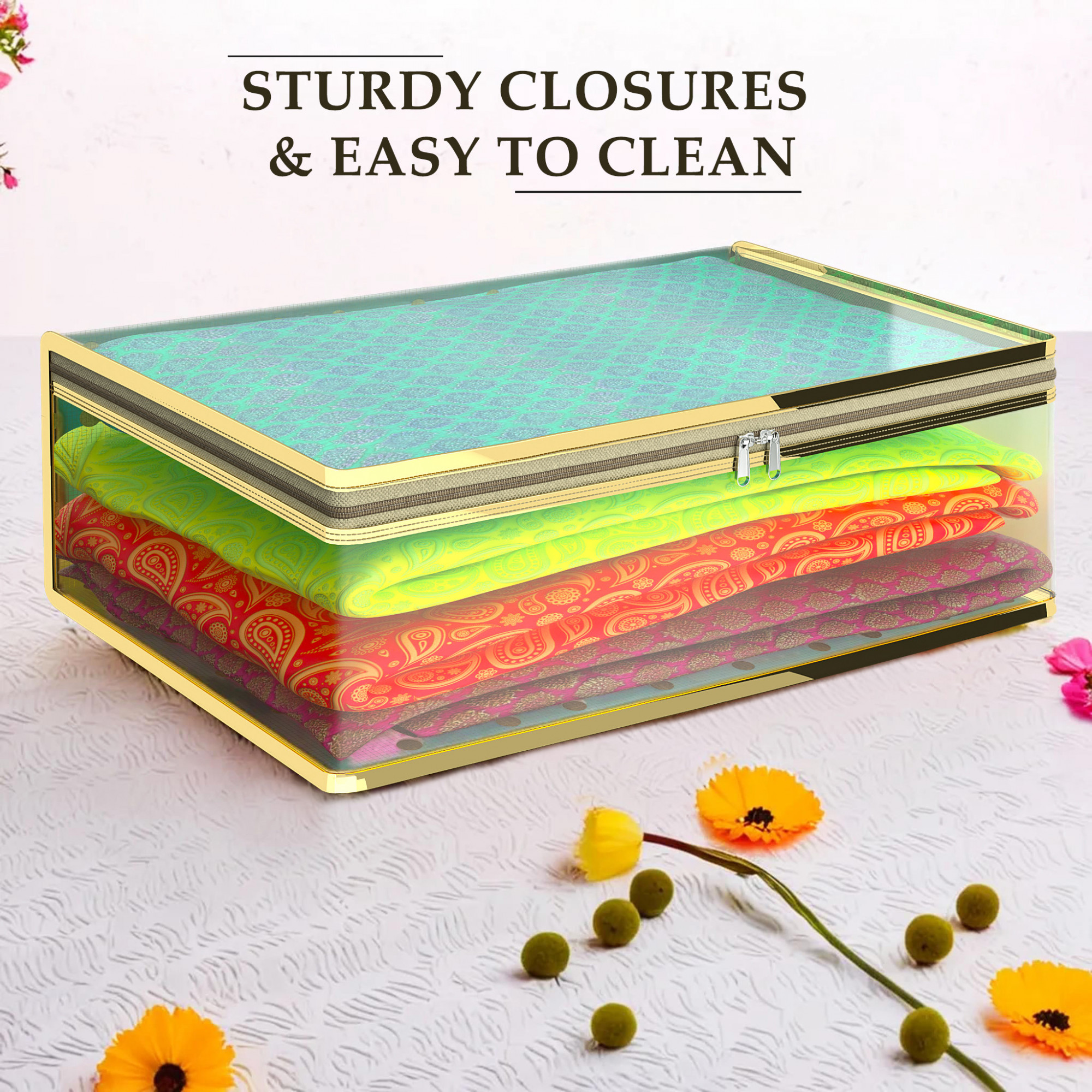 Kuber Industries Lehenga Cover  Clothes Storage Bag  Wedding Dress Bag  Dress Bags For Clothes  Transparent Wardrobe Organizer  Zip Closure Gown Cover  Dot Golden Border  Golden