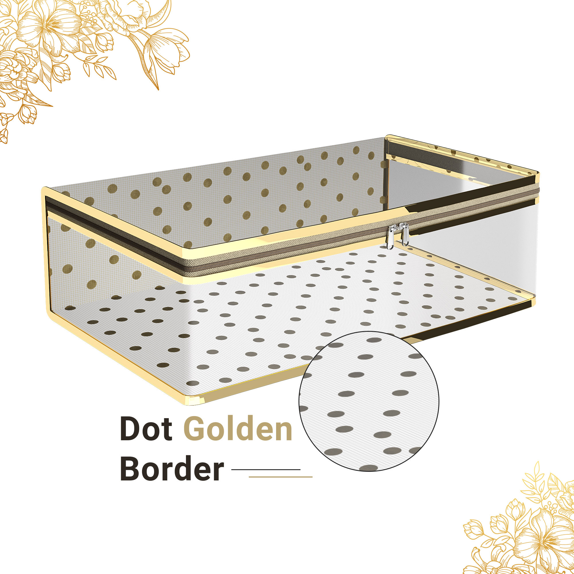 Kuber Industries Lehenga Cover  Clothes Storage Bag  Wedding Dress Bag  Dress Bags For Clothes  Transparent Wardrobe Organizer  Zip Closure Gown Cover  Dot Golden Border  Golden
