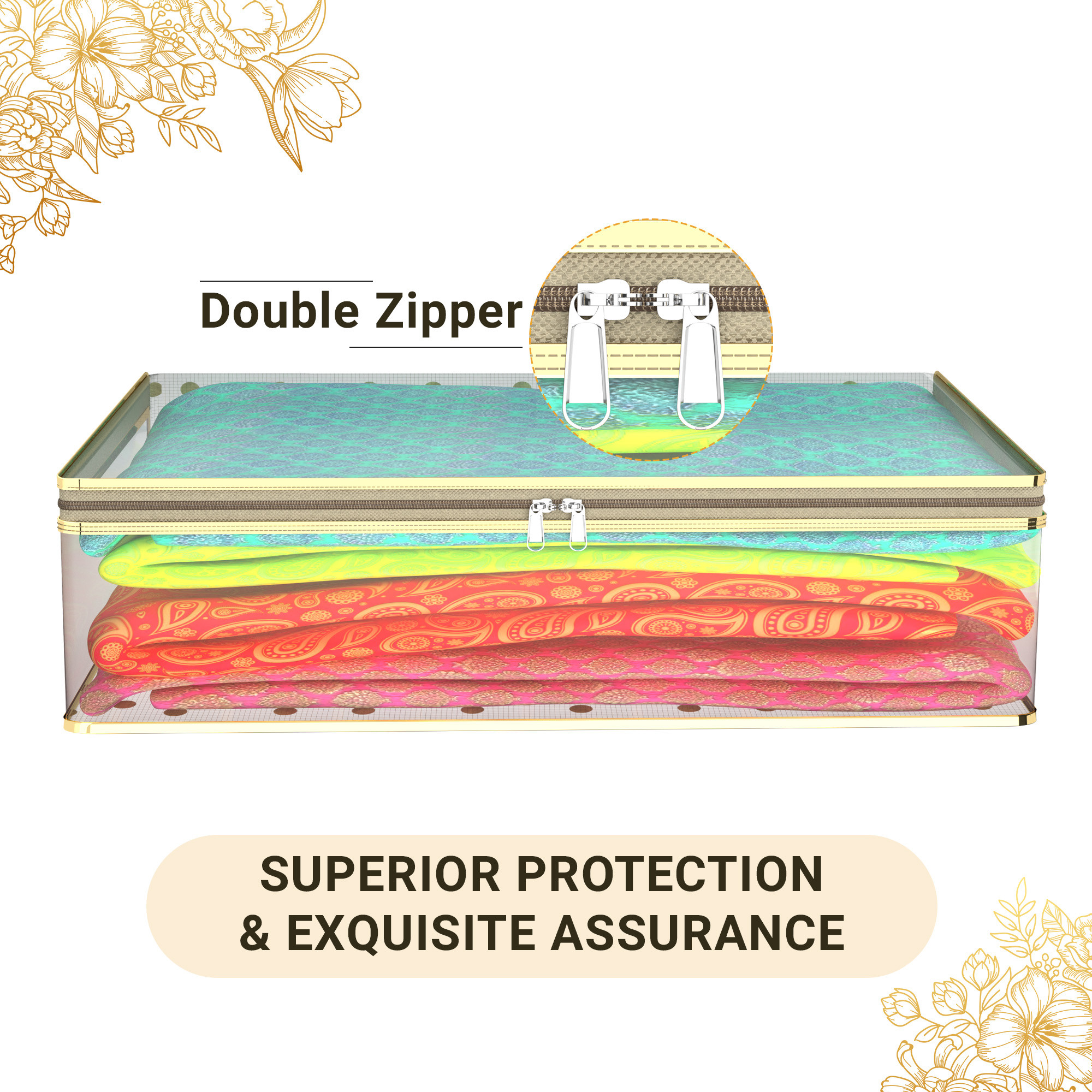 Kuber Industries Lehenga Cover  Clothes Storage Bag  Wedding Dress Bag  Dress Bags For Clothes  Transparent Wardrobe Organizer  Zip Closure Gown Cover  Dot Golden Border  Golden