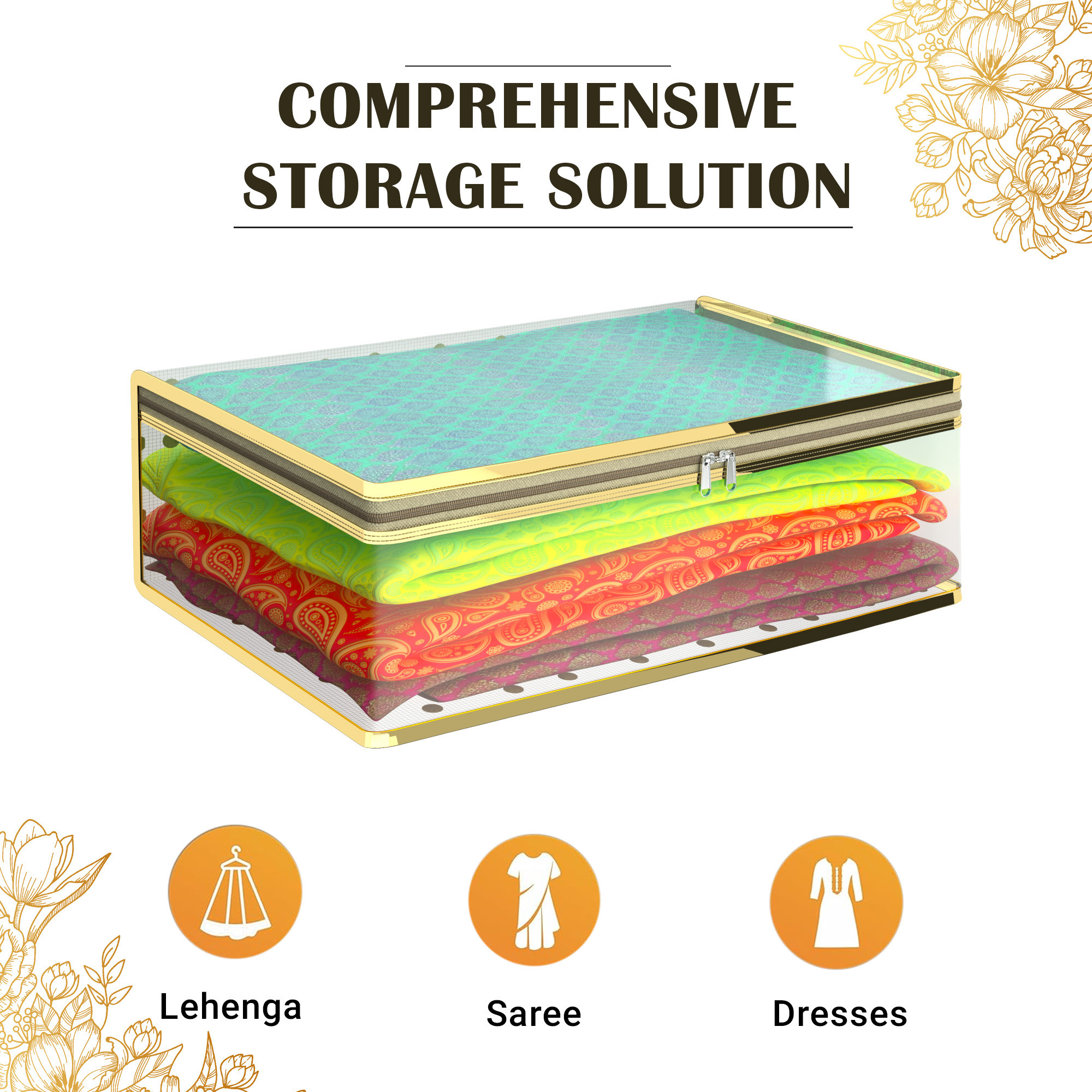 Kuber Industries Lehenga Cover  Clothes Storage Bag  Wedding Dress Bag  Dress Bags For Clothes  Transparent Wardrobe Organizer  Zip Closure Gown Cover  Dot Golden Border  Golden