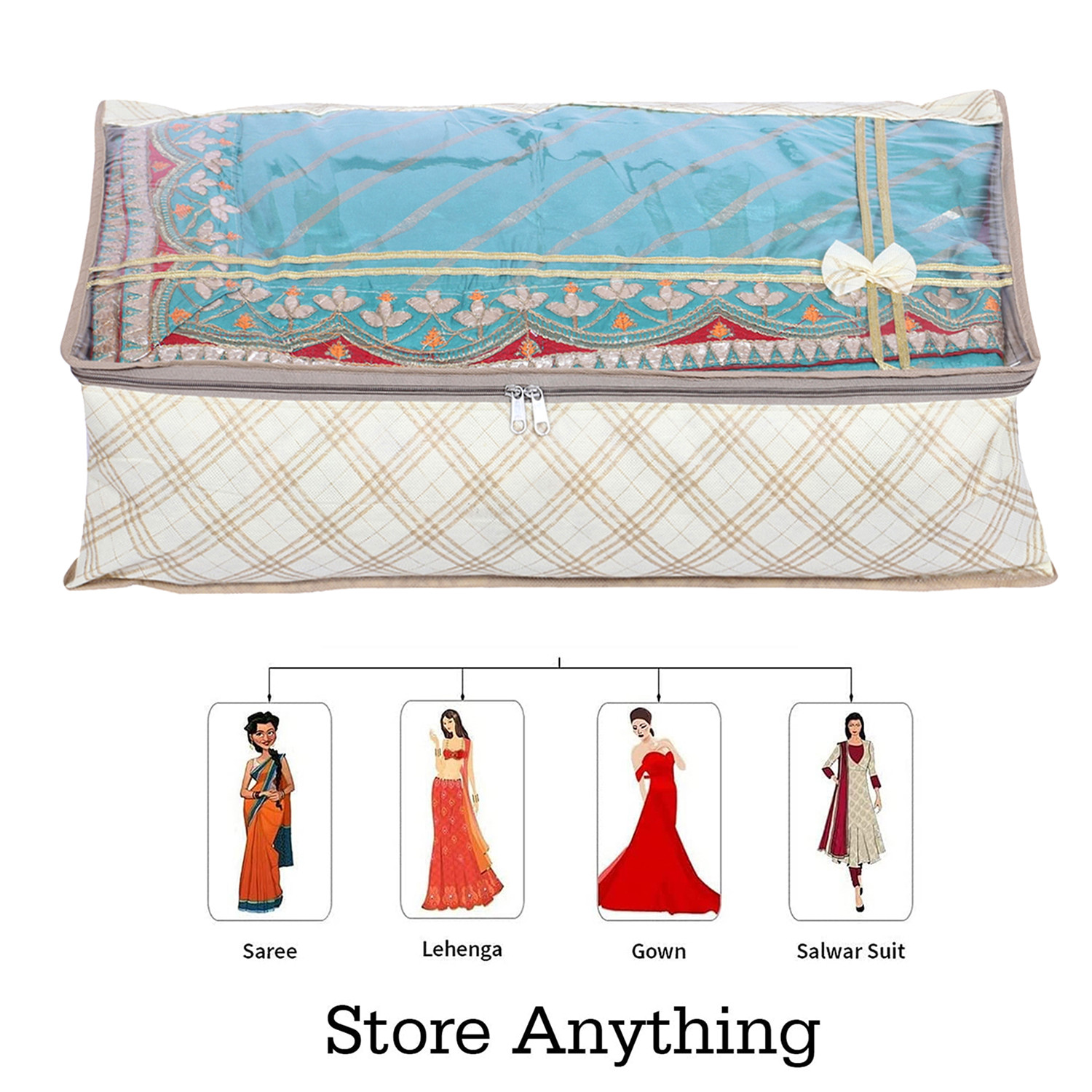 Kuber Industries Lehenga Cover  Non-Woven Gown Cover  Check Bow Pattern Garment Cover  Salwar Suit Cover with Top Transparent  Large  Cream