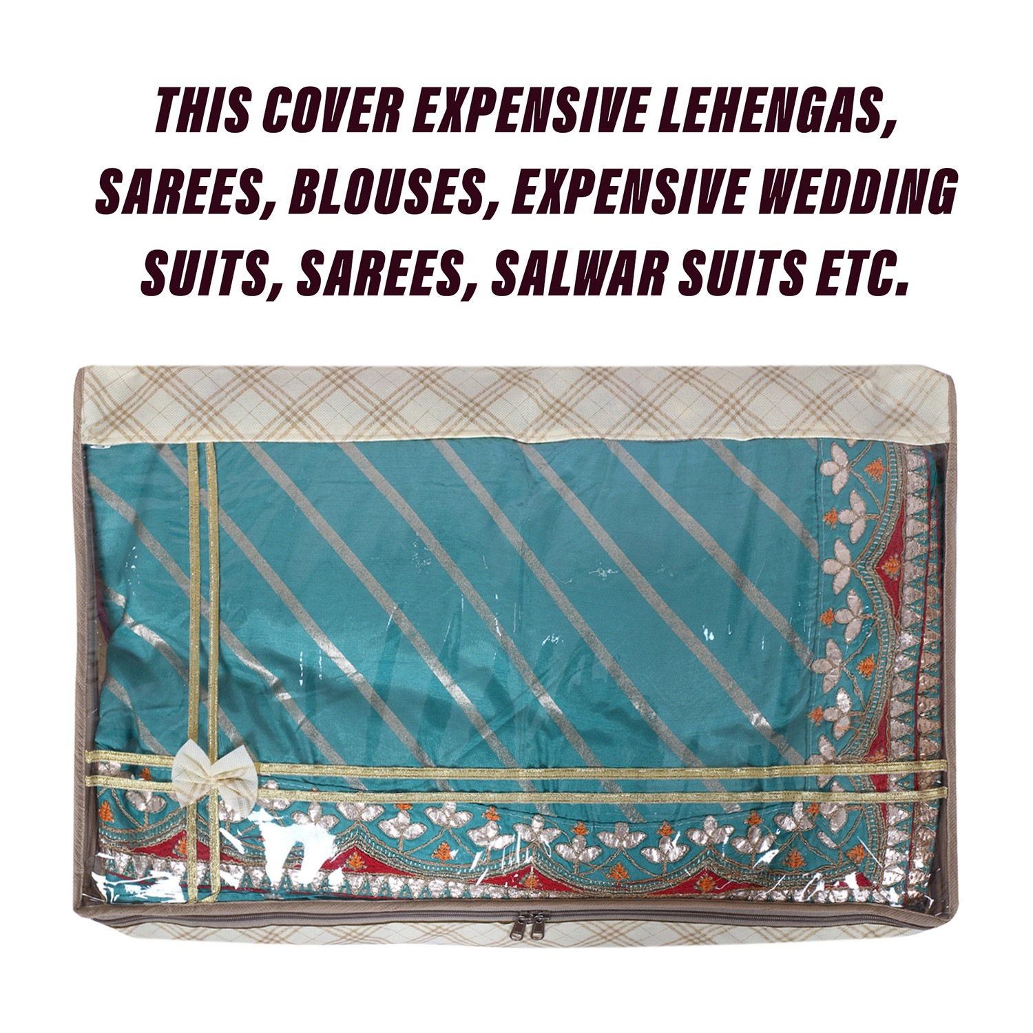 Kuber Industries Lehenga Cover  Non-Woven Gown Cover  Check Bow Pattern Garment Cover  Salwar Suit Cover with Top Transparent  Large  Cream