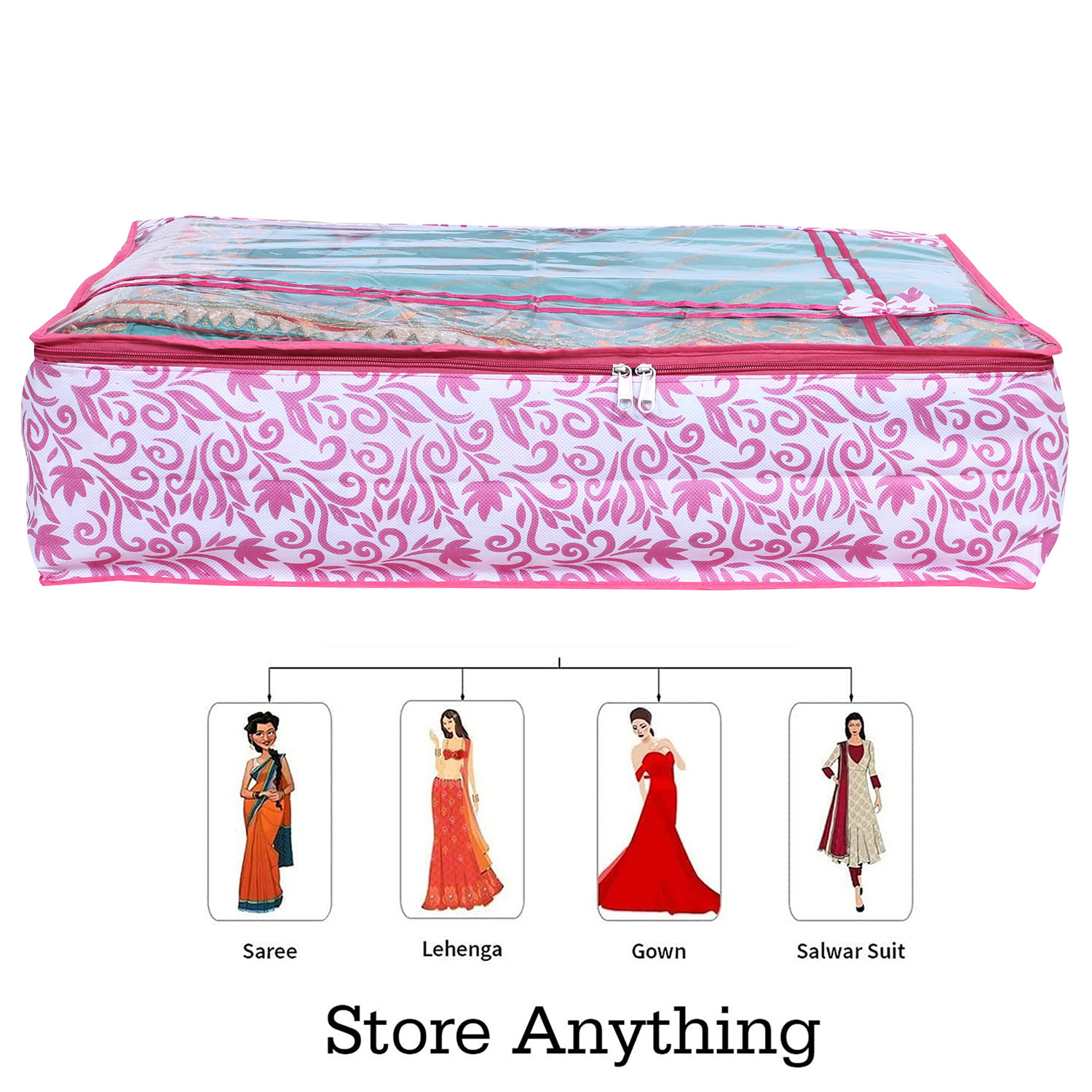 Kuber Industries Lehenga Cover  Non-Woven Gown Cover  Leaf Bow Pattern Garment Cover  Salwar Suit Cover with Top Transparent  Large  Pink