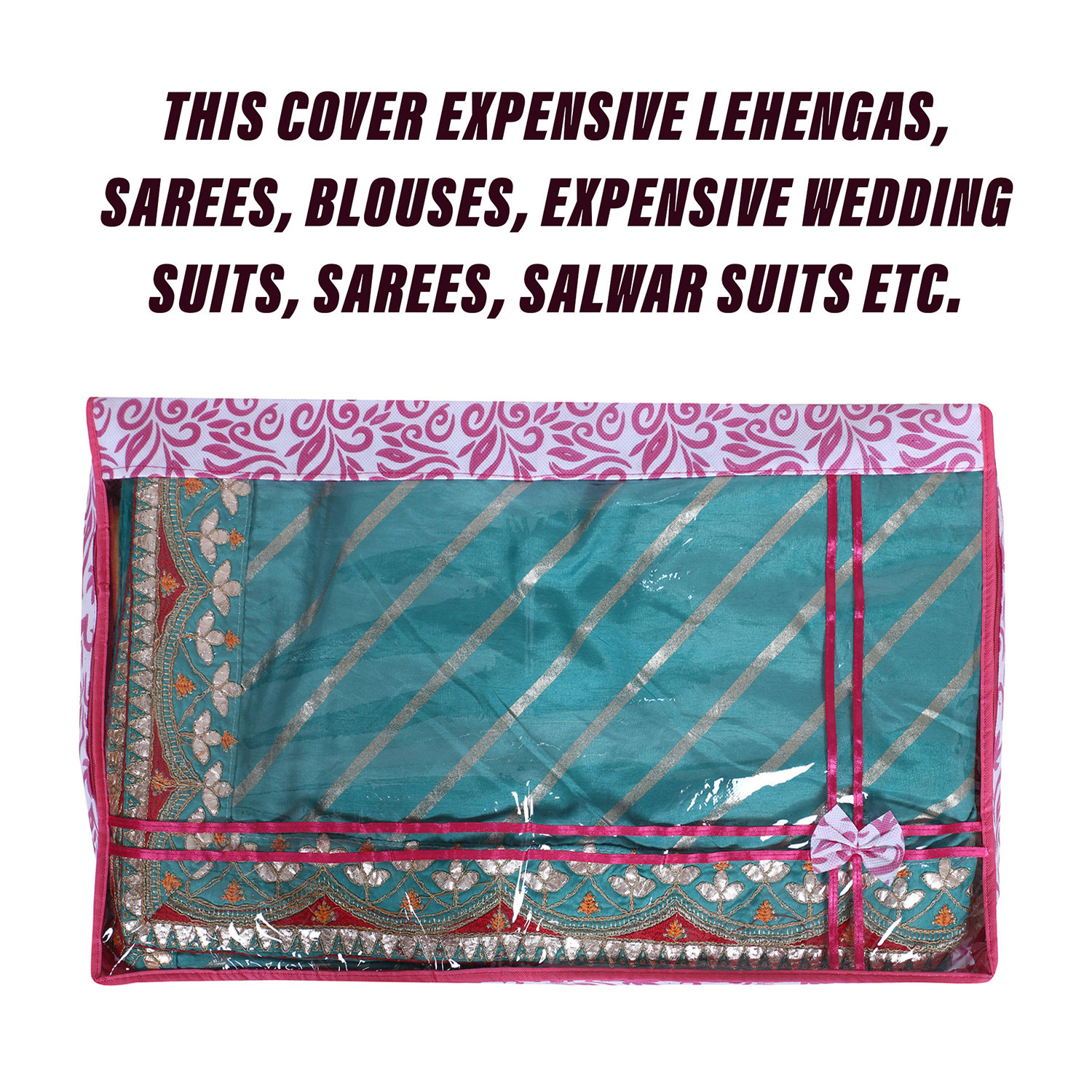 Kuber Industries Lehenga Cover  Non-Woven Gown Cover  Leaf Bow Pattern Garment Cover  Salwar Suit Cover with Top Transparent  Large  Pink
