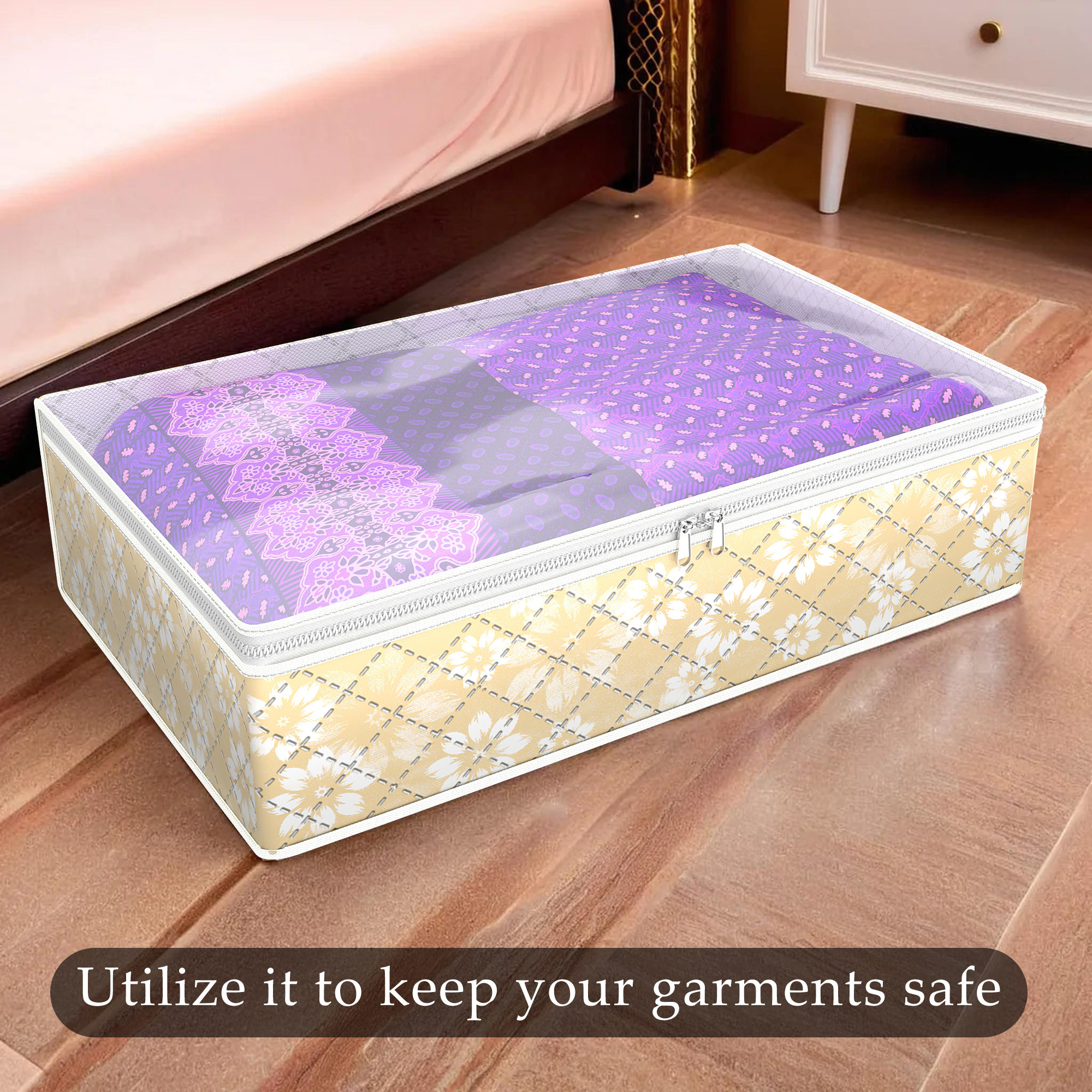 Kuber Industries Lehenga Storage Bag  Waterproof Gown Cover  Salwar Suit Storage Bag  Top Visible Window Base Cover  Woolen Cloth Bag  Cloth Storage Bag  Large  Golden