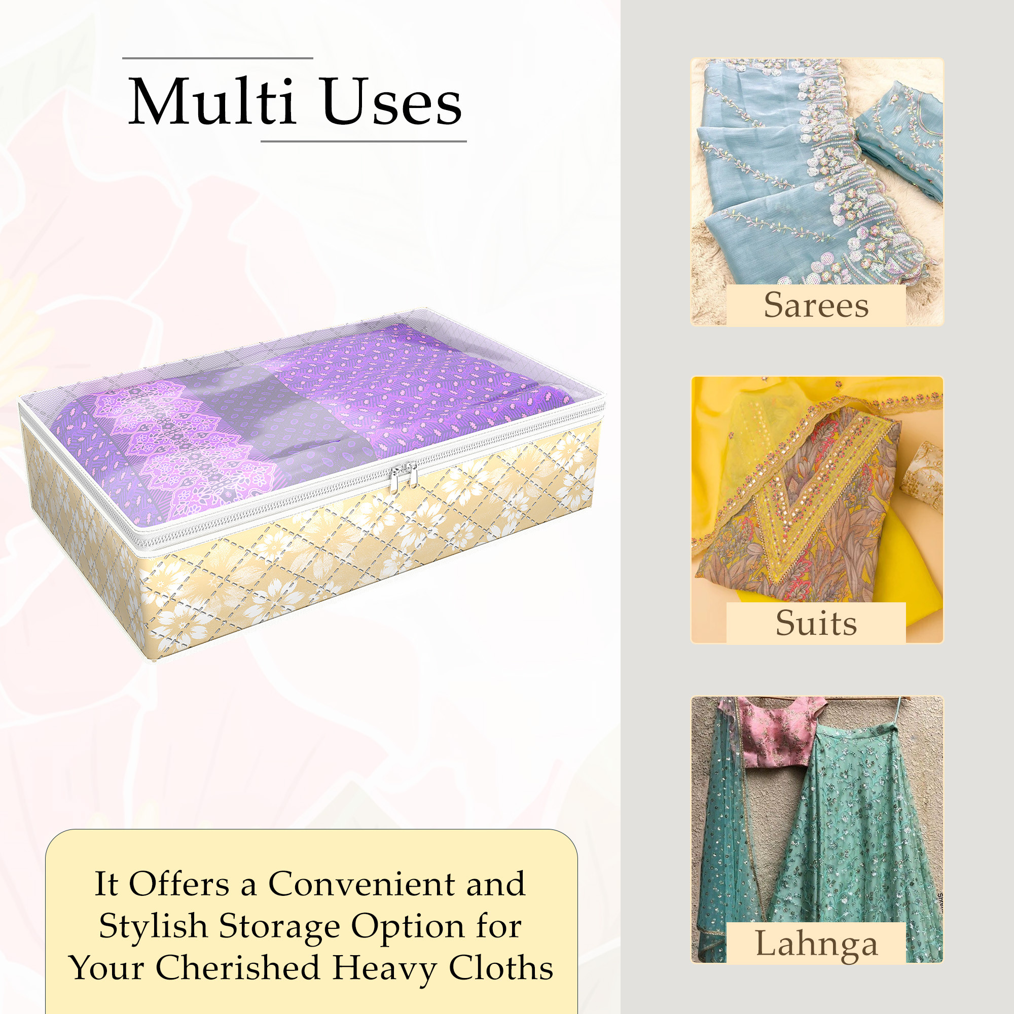 Kuber Industries Lehenga Storage Bag  Waterproof Gown Cover  Salwar Suit Storage Bag  Top Visible Window Base Cover  Woolen Cloth Bag  Cloth Storage Bag  Large  Golden