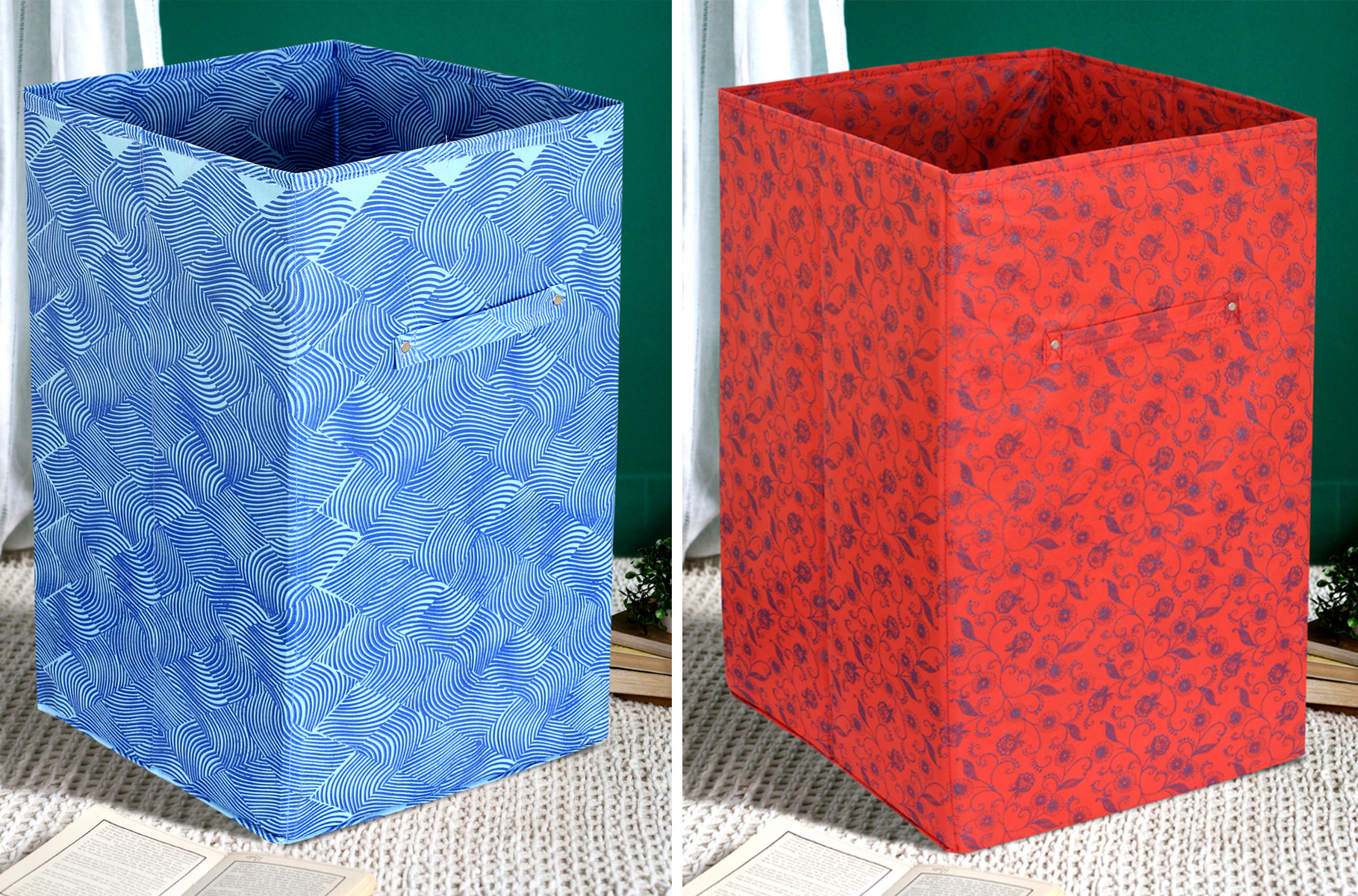 Kuber Industries Leheriya Metalic Floral Print Non Woven Fabric Foldable Laundry Basket , Toy Storage Basket, Cloth Storage Basket With Handles (Set Of 2, Beige & Blue)-KUBMART2085