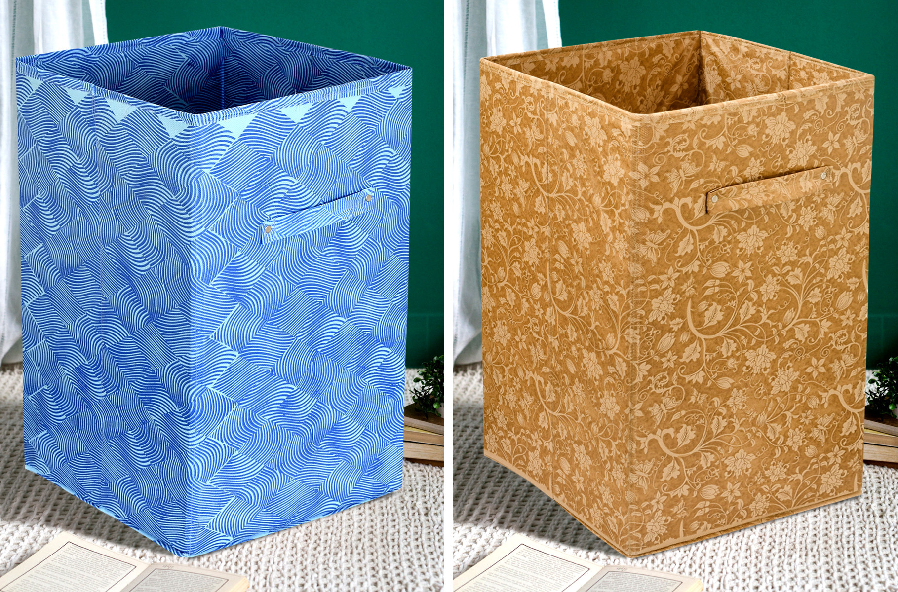 Kuber Industries Leheriya Metalic Floral Print Non Woven Fabric Foldable Laundry Basket , Toy Storage Basket, Cloth Storage Basket With Handles (Set Of 2, Red & Blue)-KUBMART2087