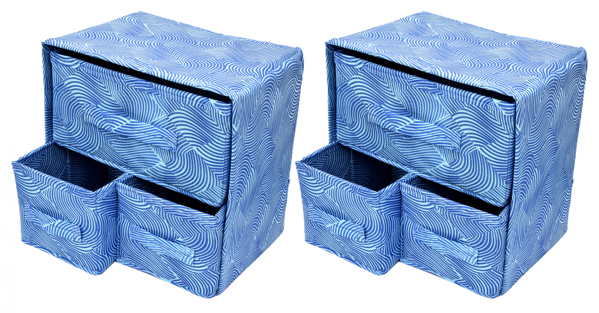 Kuber Industries Leheriya Print 2 Layer 3-Drawer Fabric Cube Foldable Storage Organizer Box, Dressing Organizer,Jewellery organizer (Set Of 2, Blue)-KUBMART2145