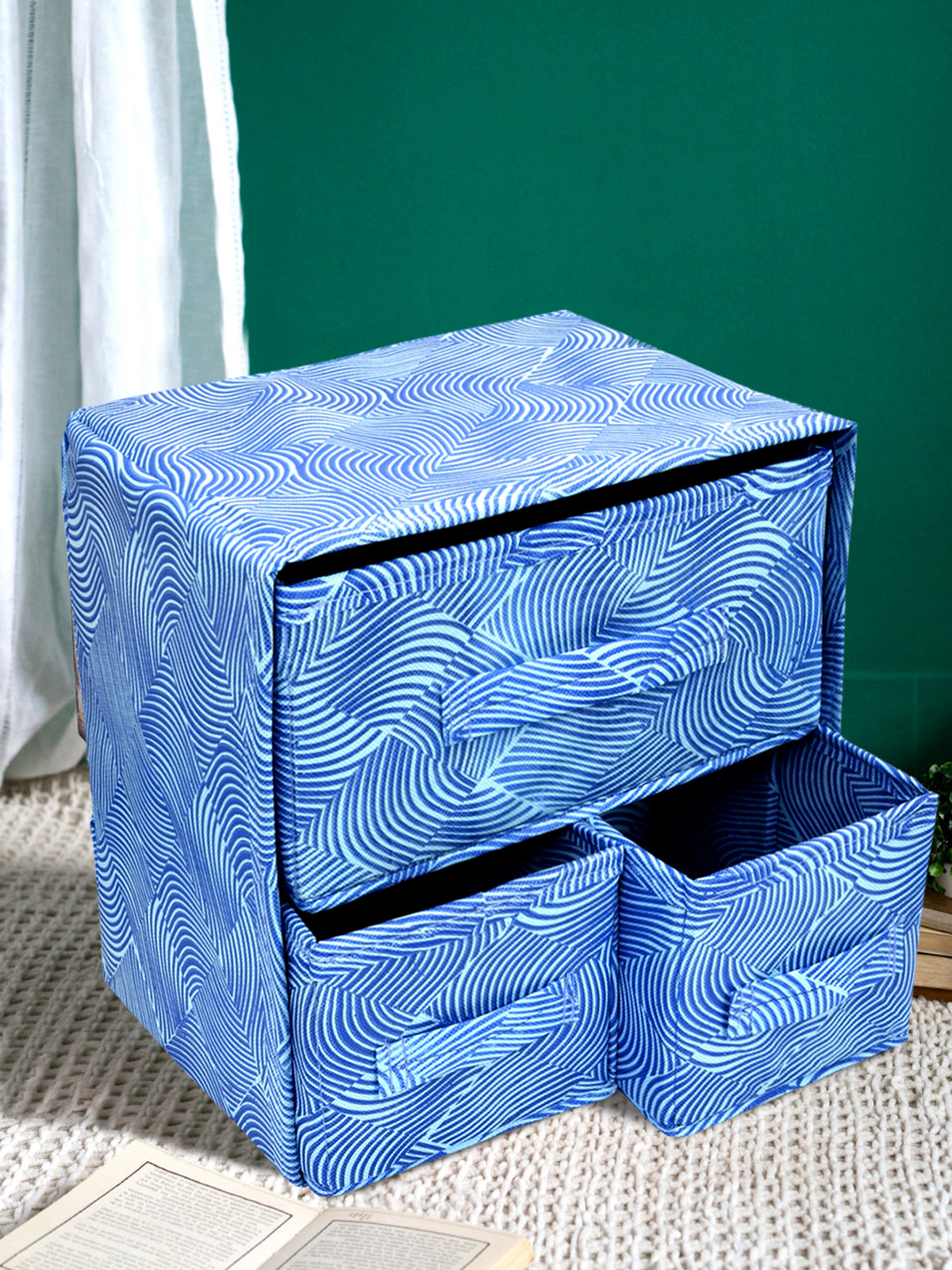 Kuber Industries Leheriya Print 2 Layer 3-Drawer Fabric Cube Foldable Storage Organizer Box, Dressing Organizer,Jewellery organizer (Set Of 2, Blue)-KUBMART2145