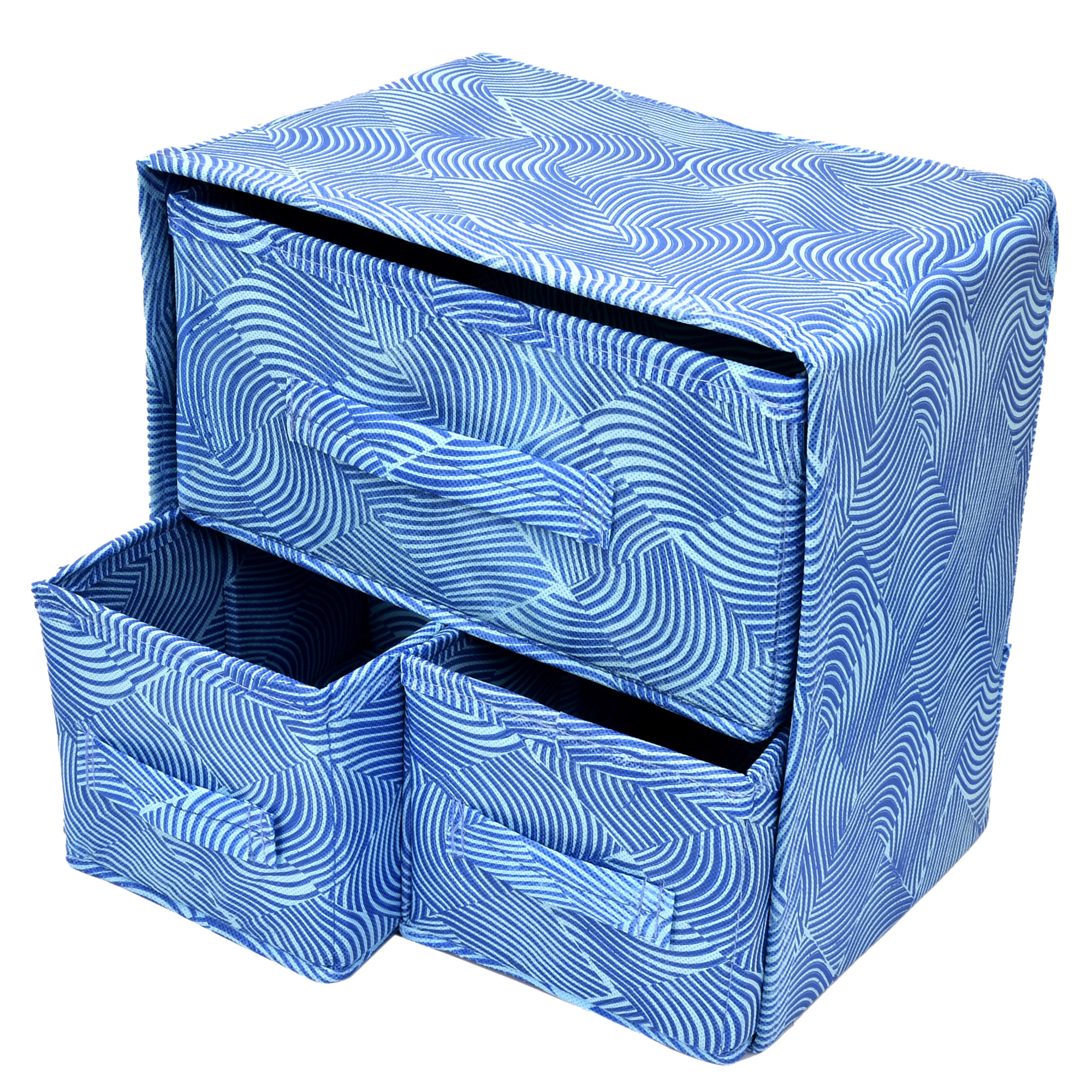 Kuber Industries Leheriya Print 2 Layer 3-Drawer Fabric Cube Foldable Storage Organizer Box, Dressing Organizer,Jewellery organizer (Set Of 2, Blue)-KUBMART2145