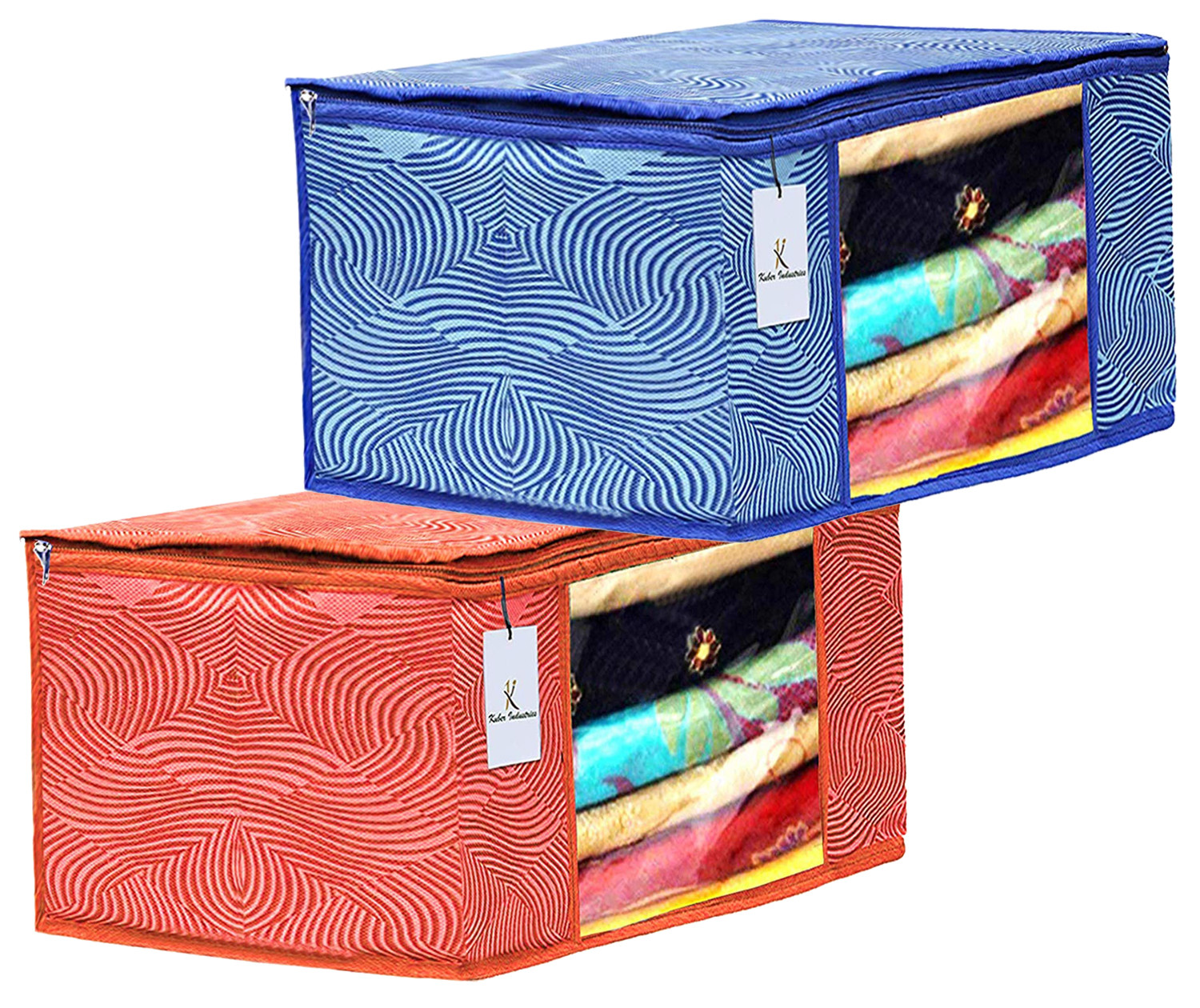 Kuber Industries Leheriya Printed Non Woven Fabric Saree Cover Set with Transparent Window, Extra Large, Orange & Blue -CTKTC40793