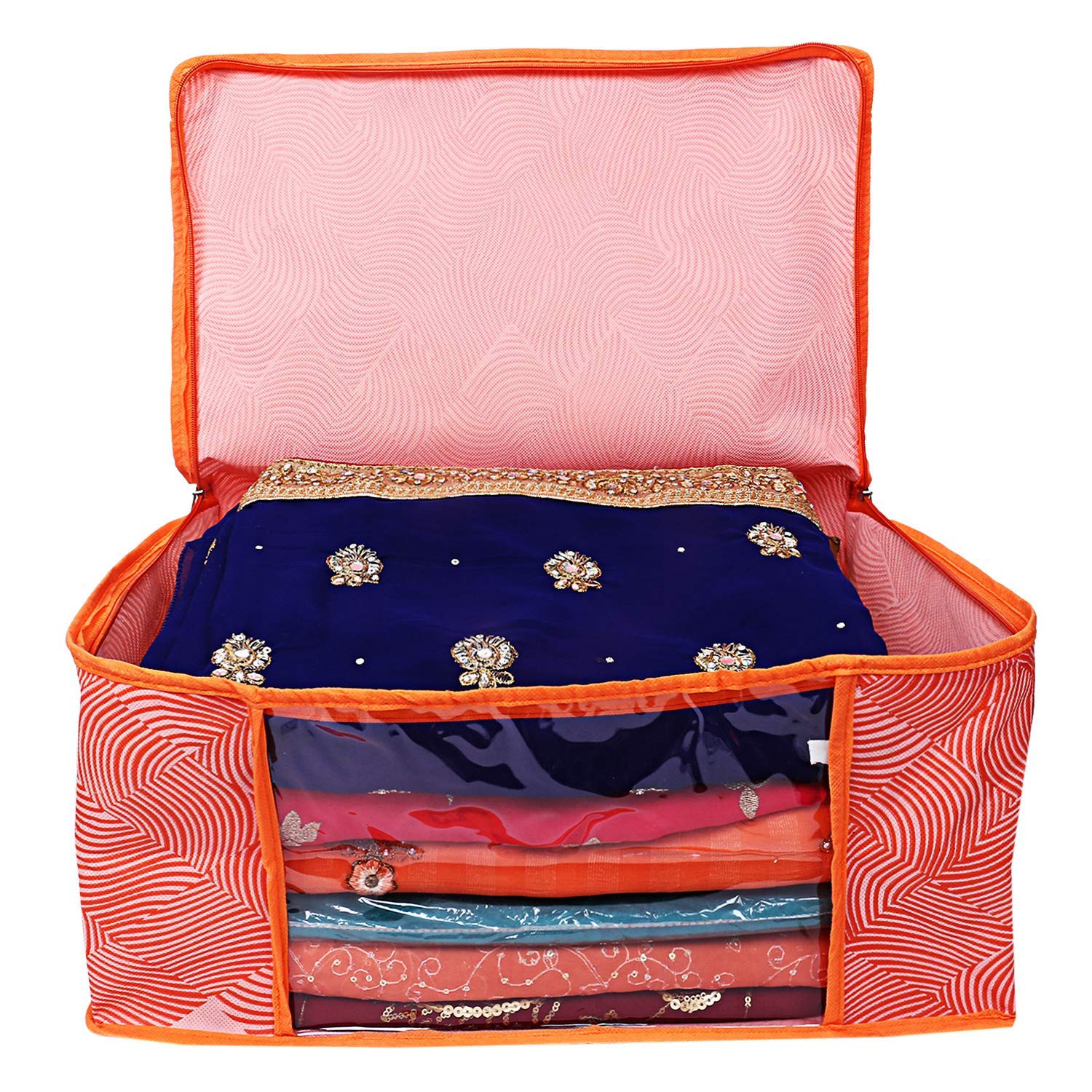 Kuber Industries Leheriya Printed Non Woven Fabric Saree Cover Set with Transparent Window, Extra Large, Orange & Blue -CTKTC40793