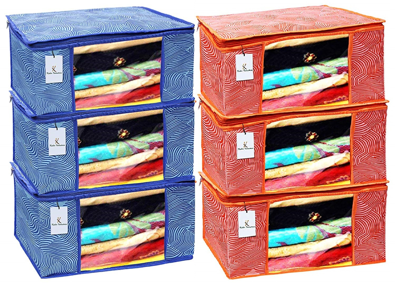 Kuber Industries Leheriya Printed Non Woven Fabric Saree Cover Set with Transparent Window, Extra Large, Orange & Blue -CTKTC40793