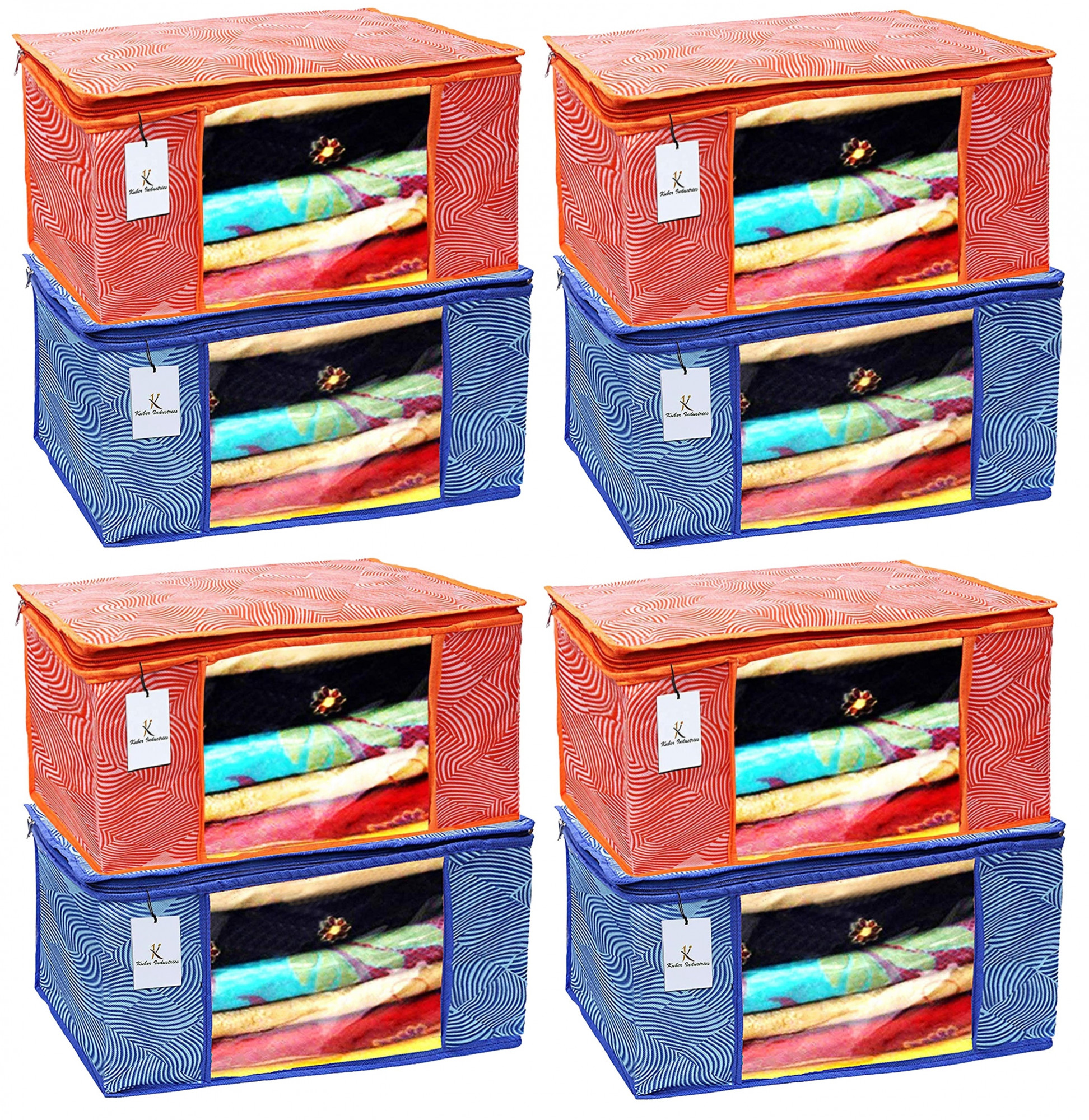 Kuber Industries Leheriya Printed Non Woven Fabric Saree Cover Set with Transparent Window, Extra Large, Orange & Blue -CTKTC40793