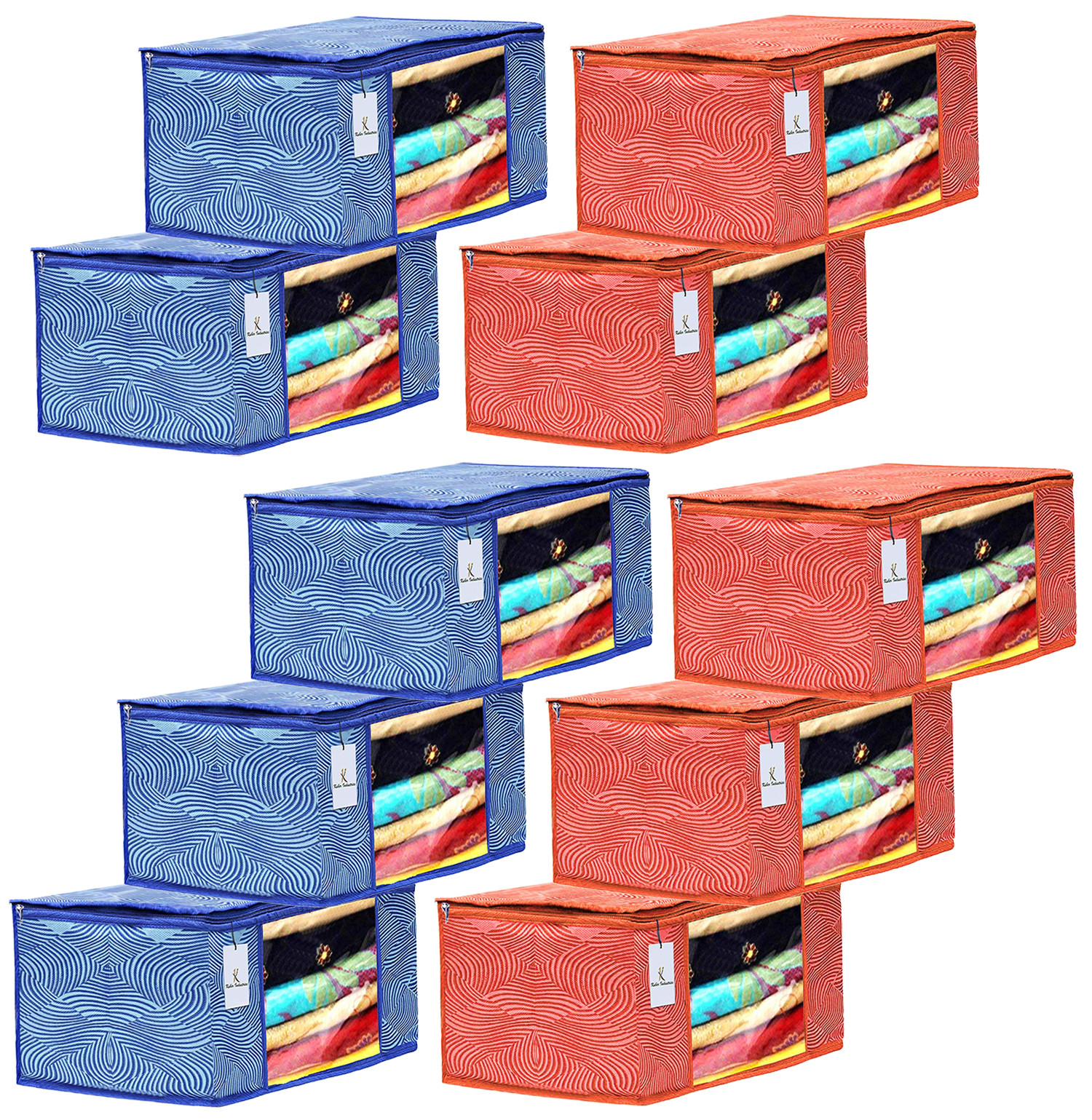 Kuber Industries Leheriya Printed Non Woven Fabric Saree Cover Set with Transparent Window, Extra Large, Orange & Blue -CTKTC40793