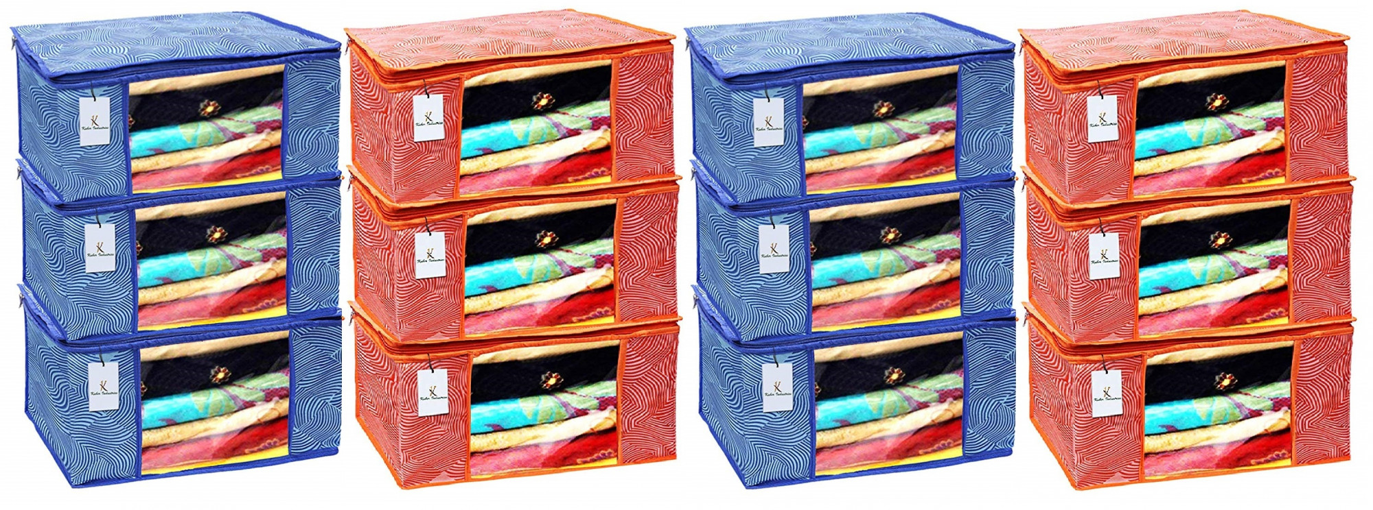 Kuber Industries Leheriya Printed Non Woven Fabric Saree Cover Set with Transparent Window, Extra Large, Orange & Blue -CTKTC40793