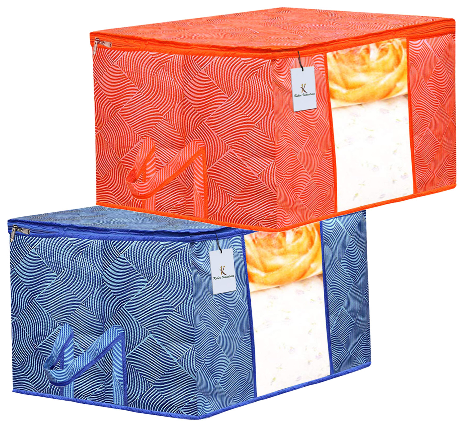 Kuber Industries Leheriya Printed Non Woven Fabric Underbed Storage Bag,Cloth Organiser,Blanket Cover with Transparent Window, Orange & Blue -CTKTC41069