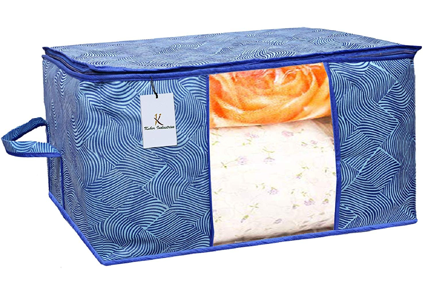 Kuber Industries Leheriya Printed Non Woven Fabric Underbed Storage Bag,Cloth Organiser,Blanket Cover with Transparent Window, Orange & Blue -CTKTC41069