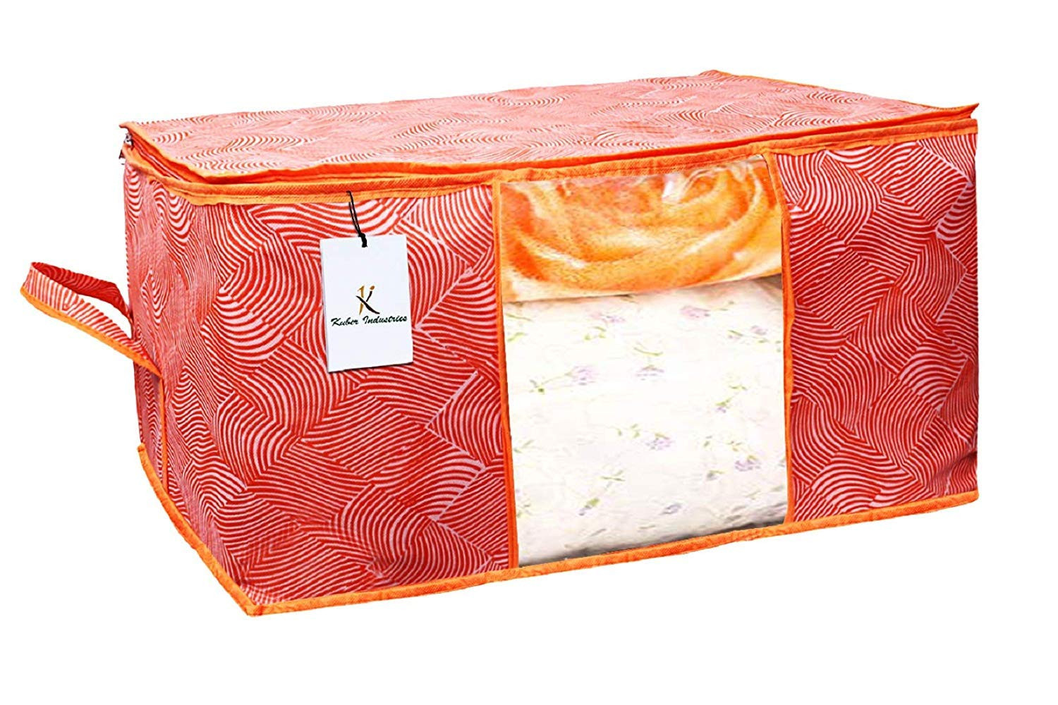 Kuber Industries Leheriya Printed Non Woven Fabric Underbed Storage Bag,Cloth Organiser,Blanket Cover with Transparent Window, Orange & Blue -CTKTC41069