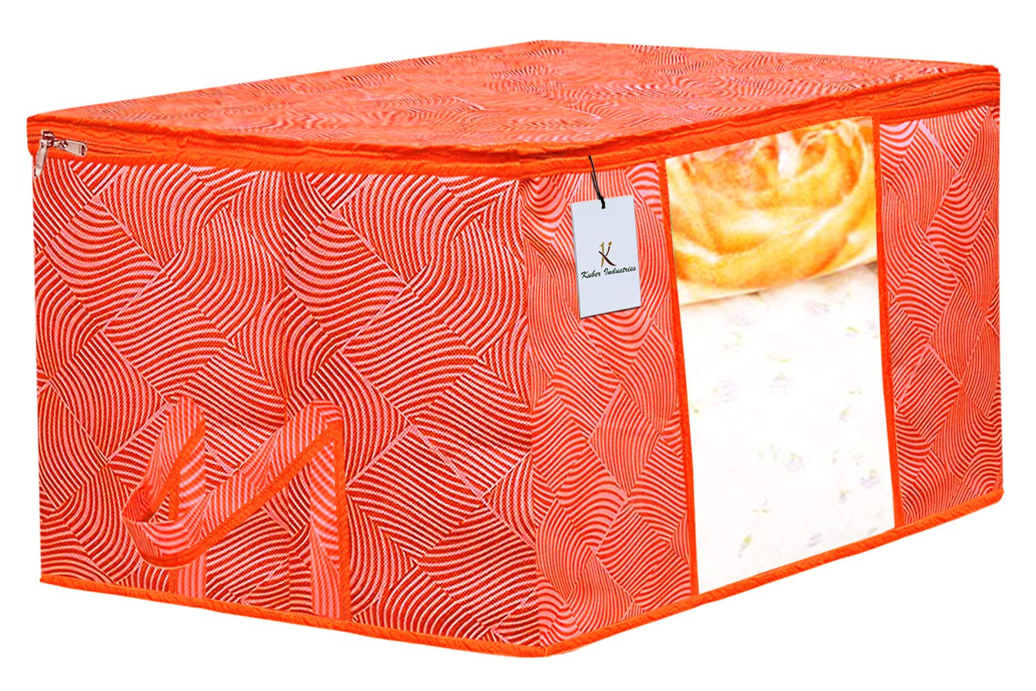 Kuber Industries Leheriya Printed Non Woven Fabric Underbed Storage Bag,Cloth Organiser,Blanket Cover with Transparent Window, Orange & Blue -CTKTC41069