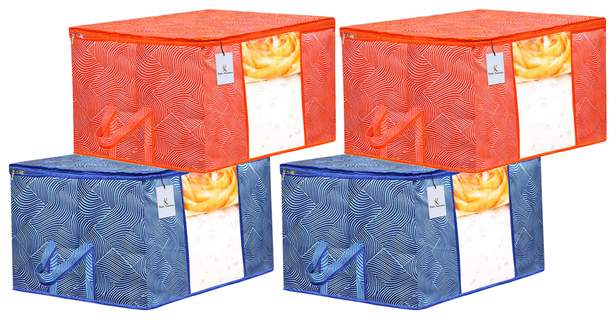 Kuber Industries Leheriya Printed Non Woven Fabric Underbed Storage Bag,Cloth Organiser,Blanket Cover with Transparent Window, Orange & Blue -CTKTC41069