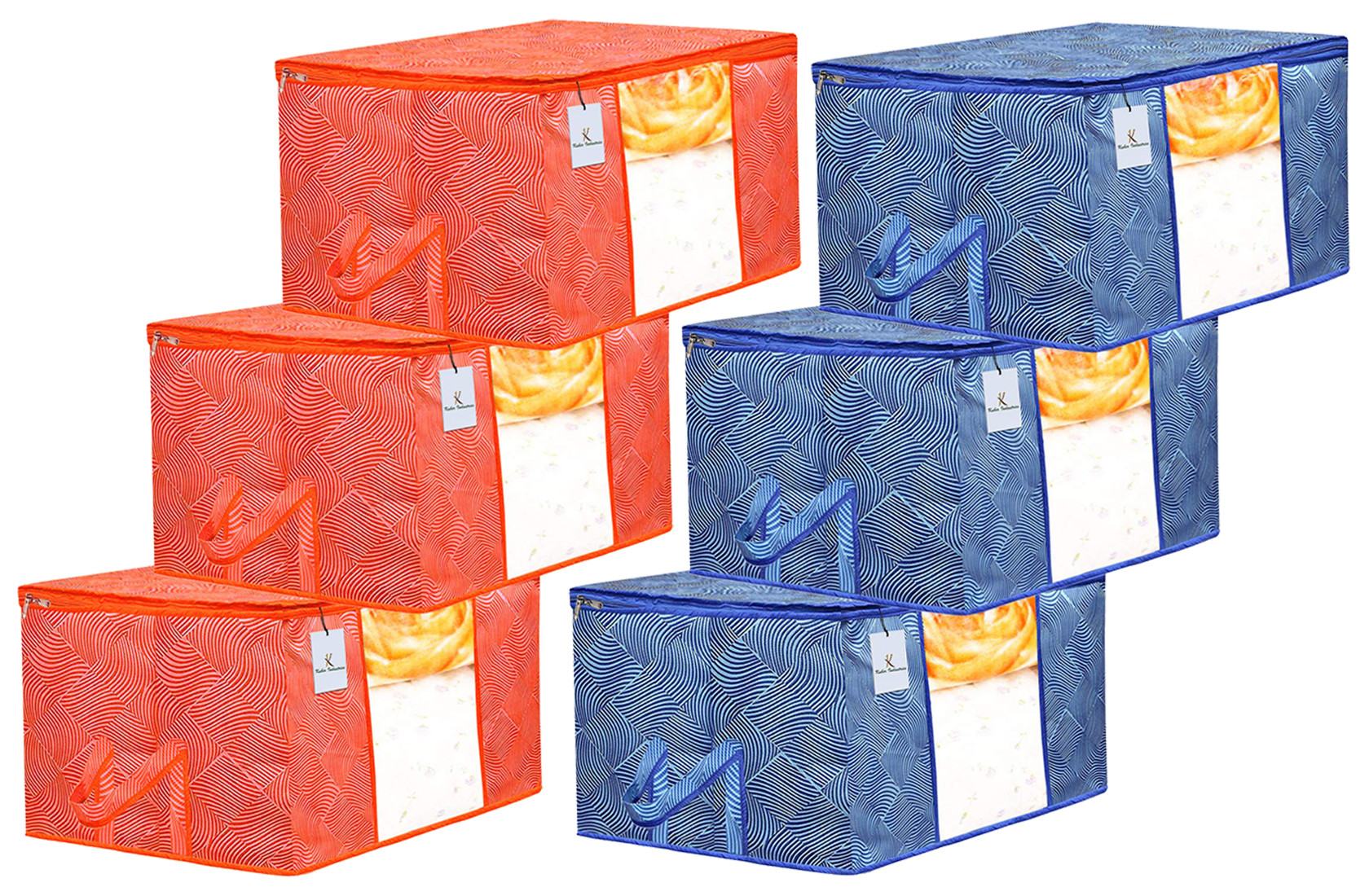 Kuber Industries Leheriya Printed Non Woven Fabric Underbed Storage Bag,Cloth Organiser,Blanket Cover with Transparent Window, Orange & Blue -CTKTC41069