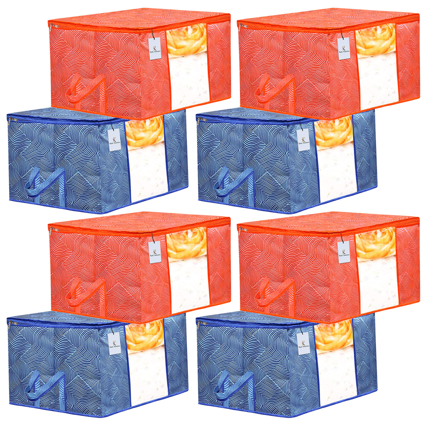 Kuber Industries Leheriya Printed Non Woven Fabric Underbed Storage Bag,Cloth Organiser,Blanket Cover with Transparent Window, Orange & Blue -CTKTC41069