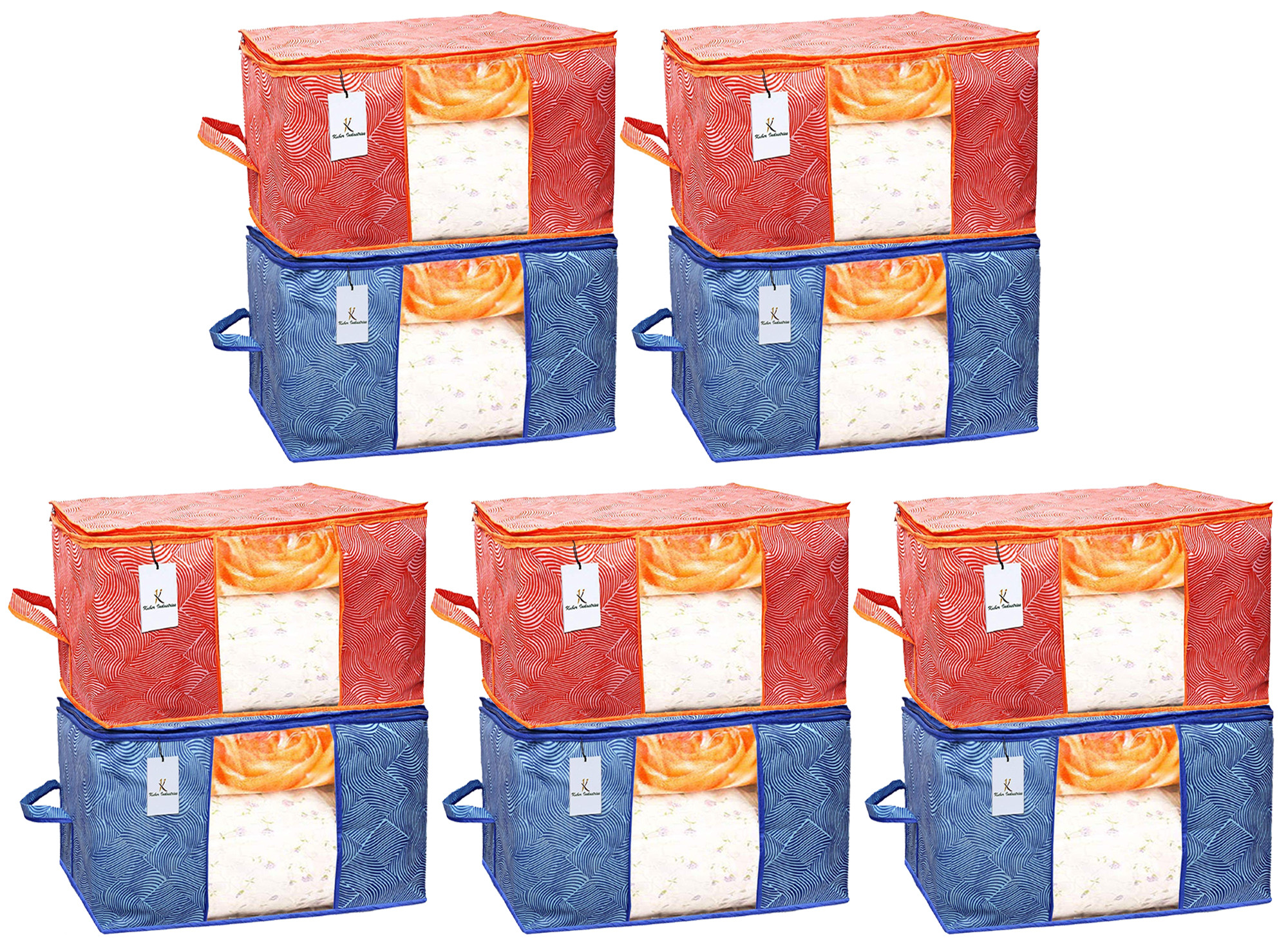 Kuber Industries Leheriya Printed Non Woven Fabric Underbed Storage Bag,Cloth Organiser,Blanket Cover with Transparent Window, Orange & Blue -CTKTC41069
