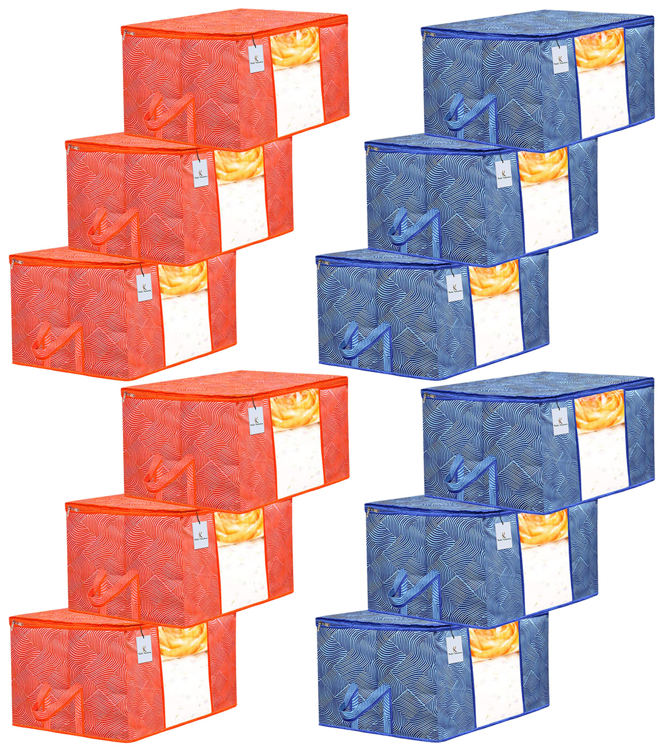 Kuber Industries Leheriya Printed Non Woven Fabric Underbed Storage Bag,Cloth Organiser,Blanket Cover with Transparent Window, Orange & Blue -CTKTC41069