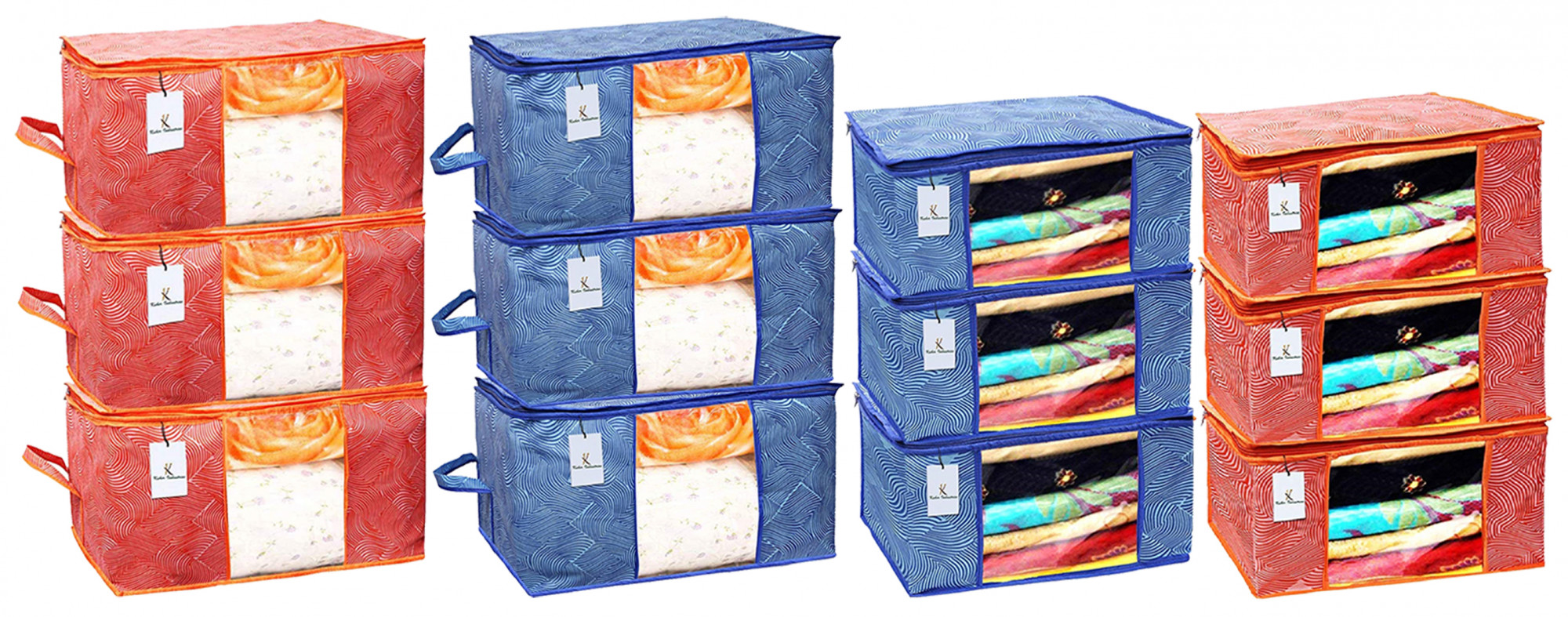 Kuber Industries Leheriya Printed Non Woven Saree Cover And Underbed Storage Bag, Storage Organiser, Blanket Cover, Orange & Blue  -CTKTC42395