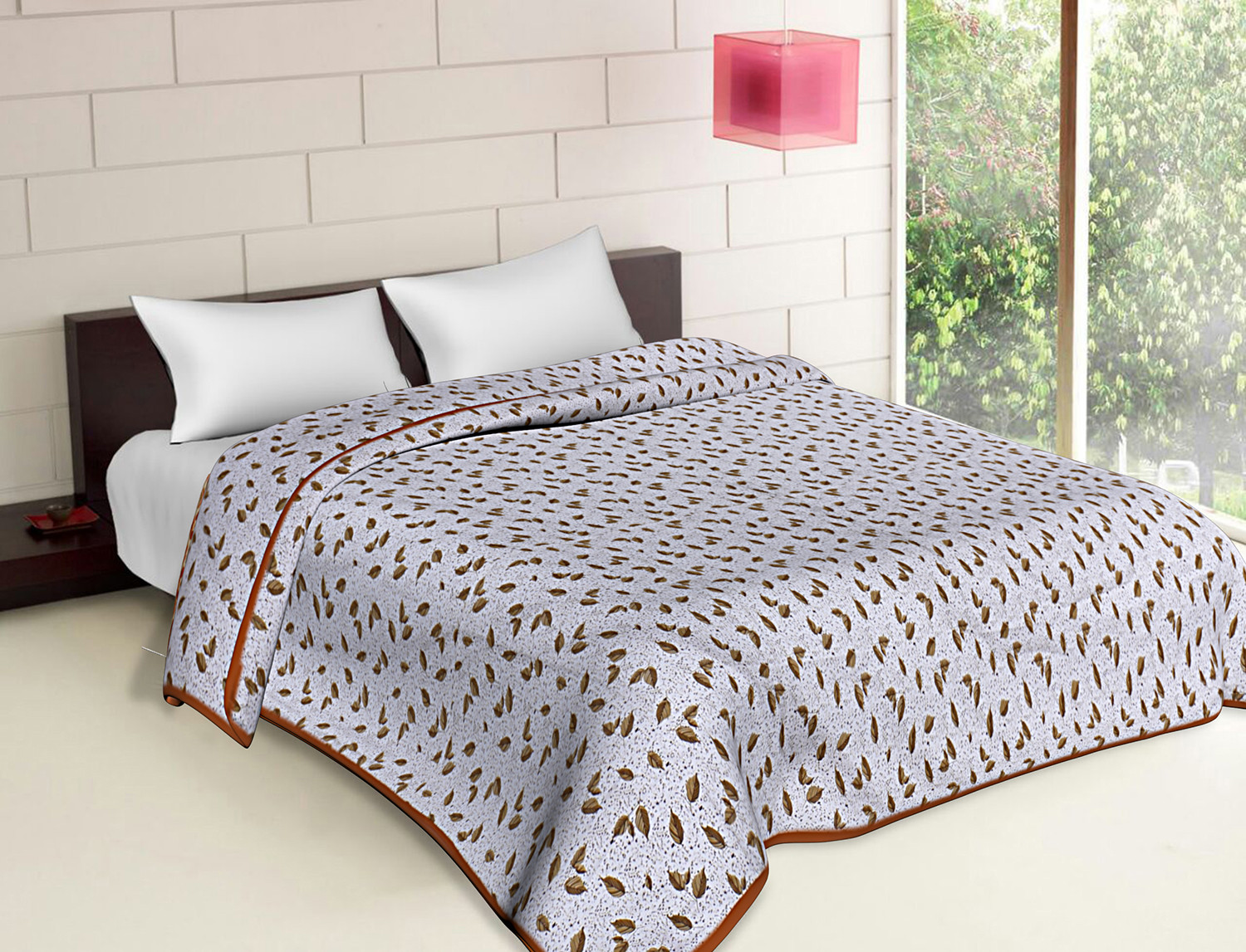 Kuber Industries Lightweight Leaves Design Cotton Reversible Double Bed Dohar|AC Blanket For Home & Travelling (Orange)