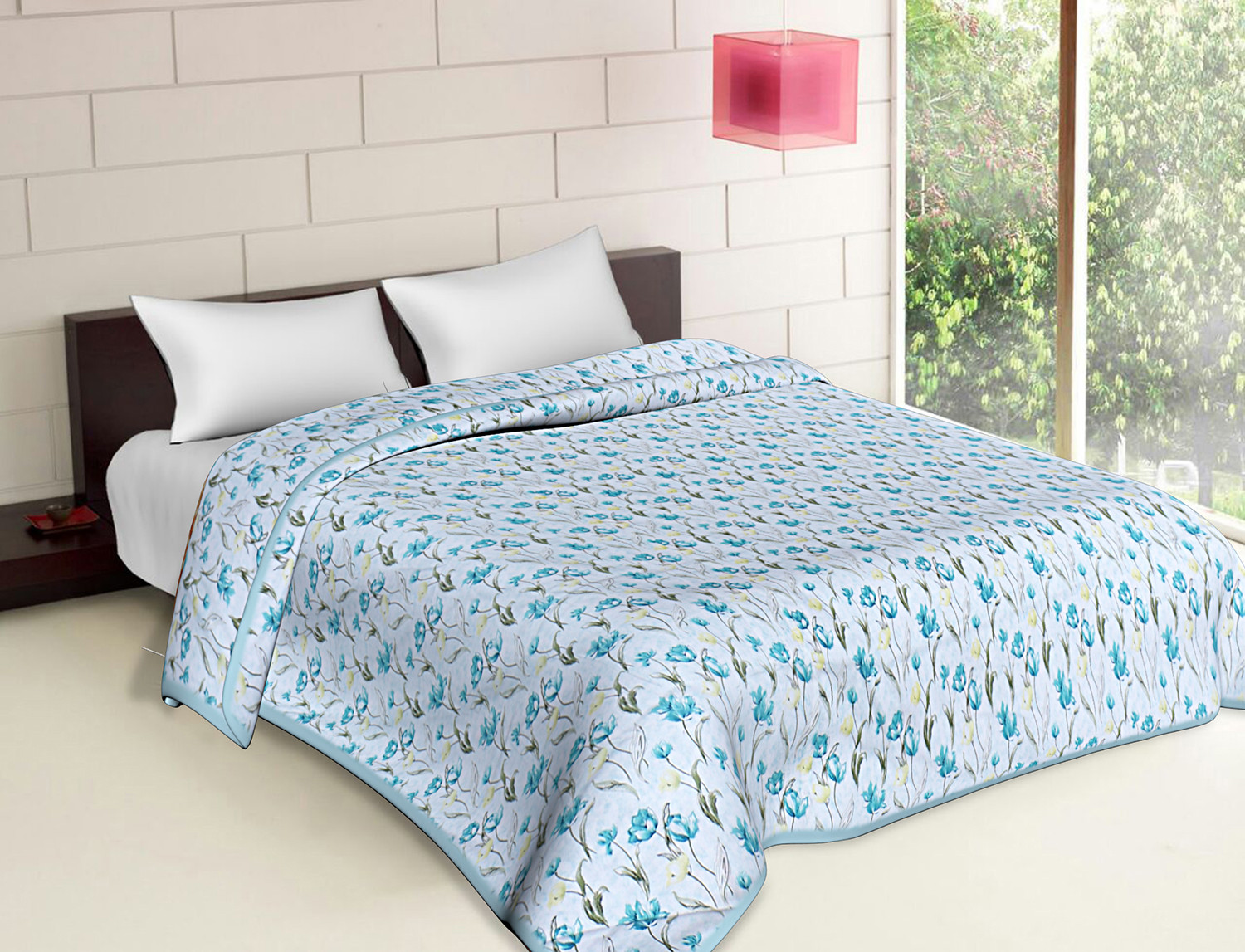 Kuber Industries Lightweight Tropical Plant Design Cotton Reversible Double Bed Dohar|AC Blanket For Home & Travelling (Sky Blue)